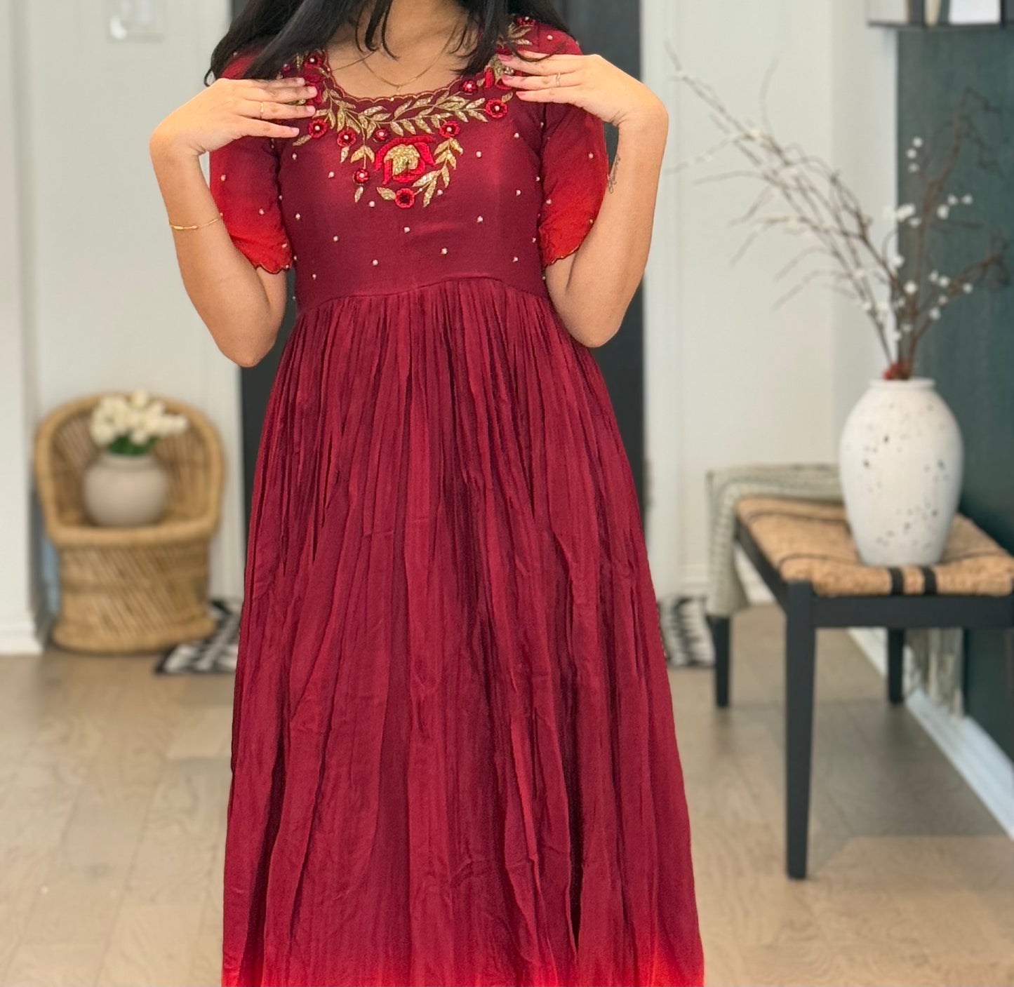Maroon with red dual shade chinnon long anarkali dress with maggam work detailing on the yolk