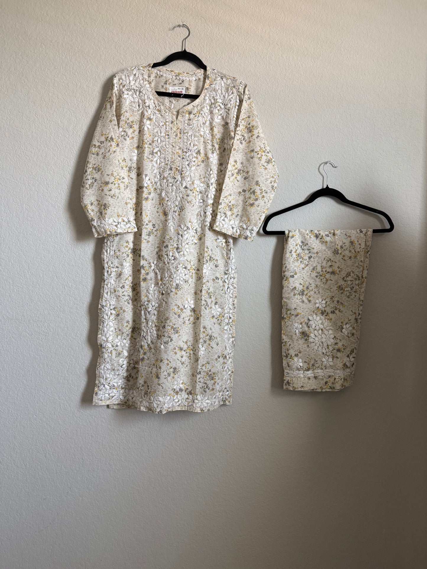 Yellow Floral Printed Cotton Chikankari Coord Set - Top with Palazzo