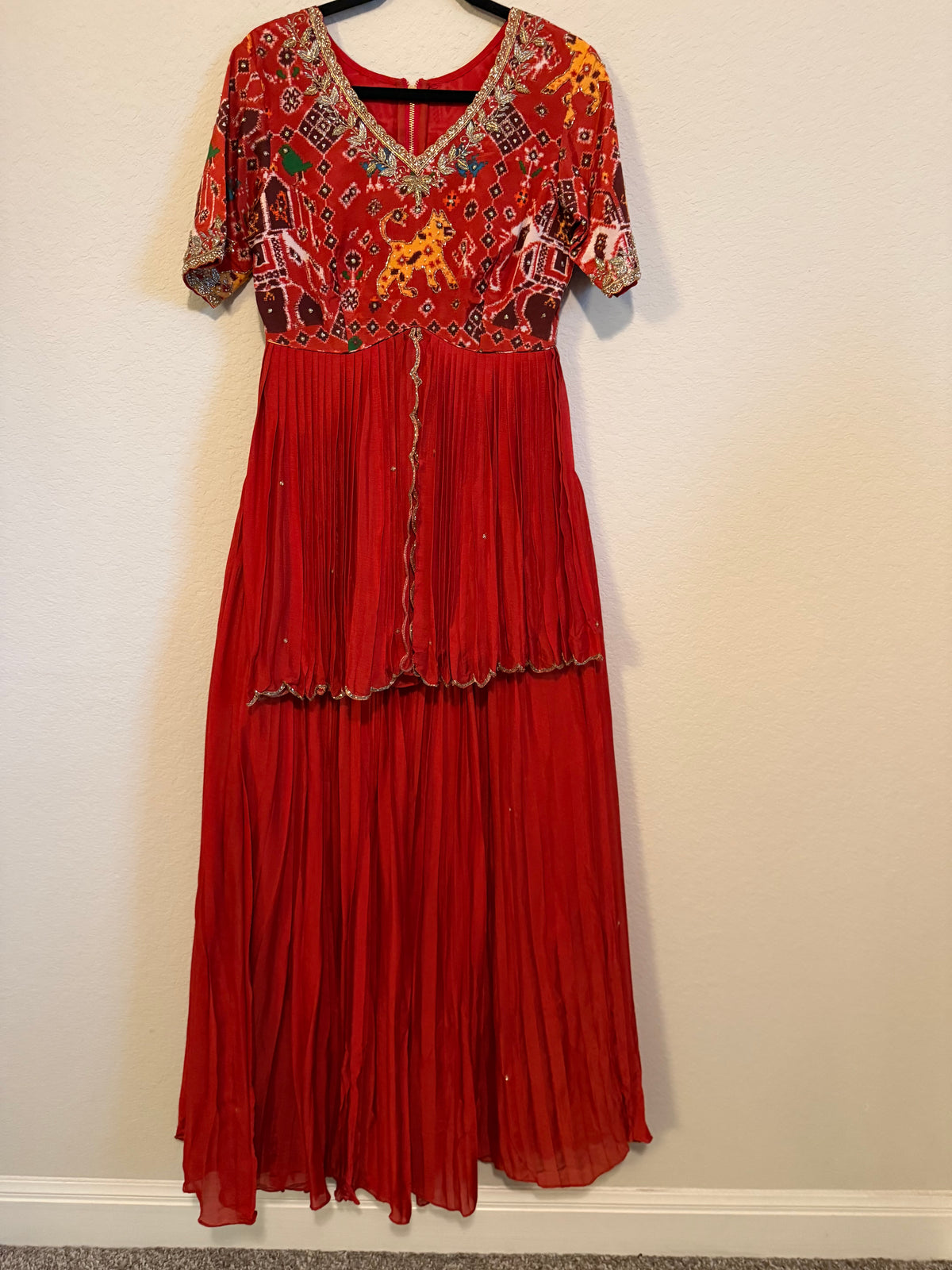 Rust Orange Pure Patola Peplum Top with Skirt Set