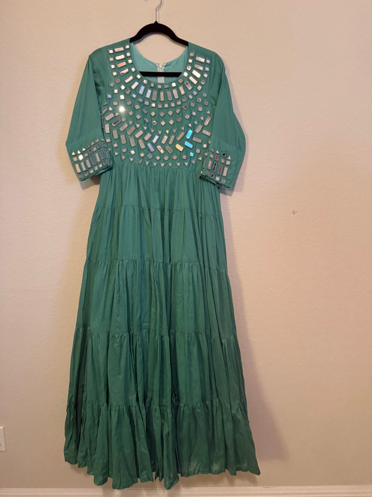 Teal Mirror Work Heavy Flared Anarkali Long Dress
