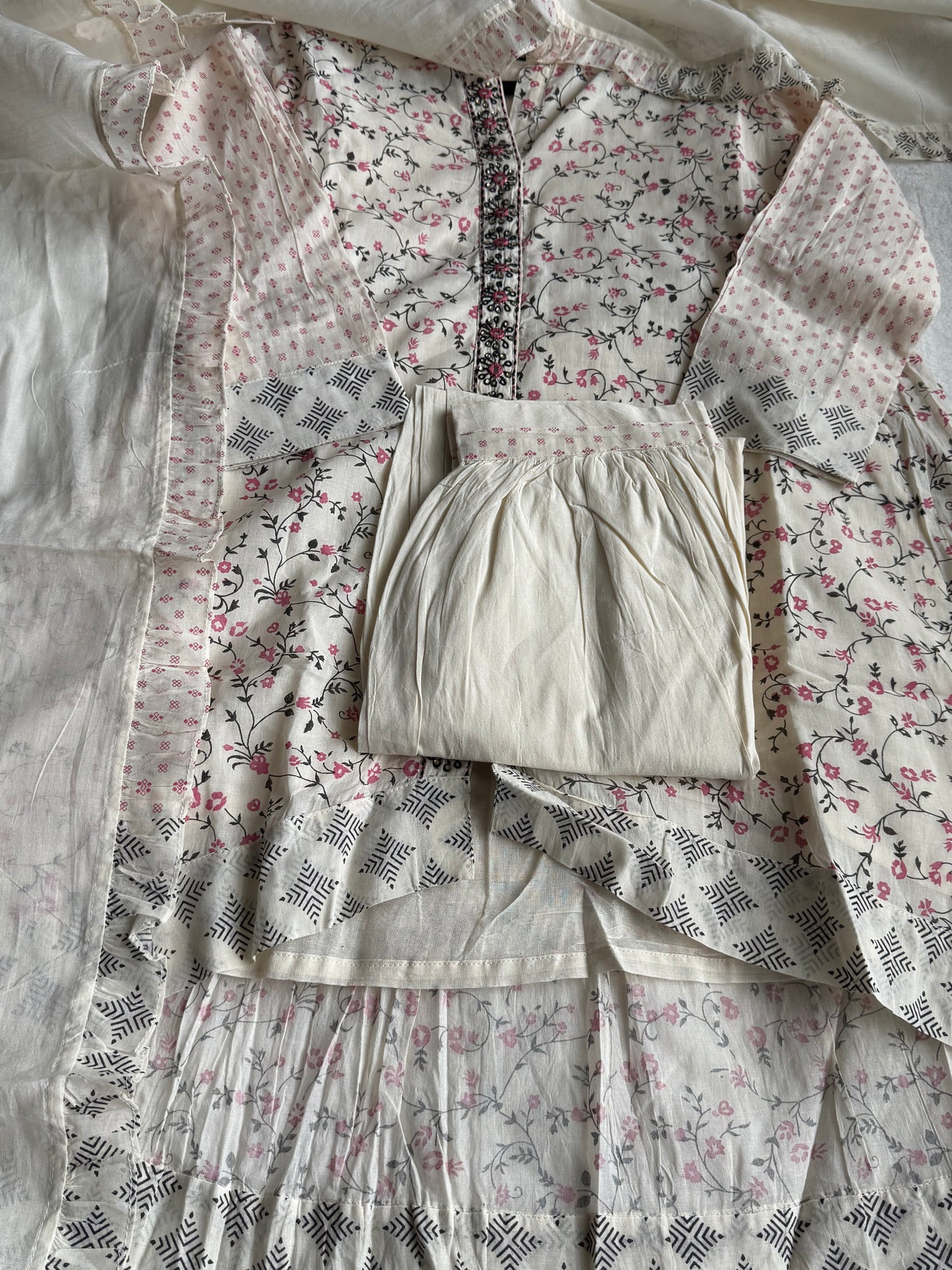 Cotton high low half white with pink kurti set