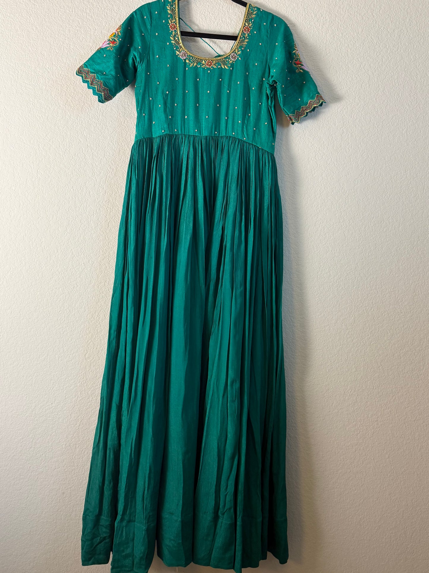 Green Georgette Maggam Work Long Dress