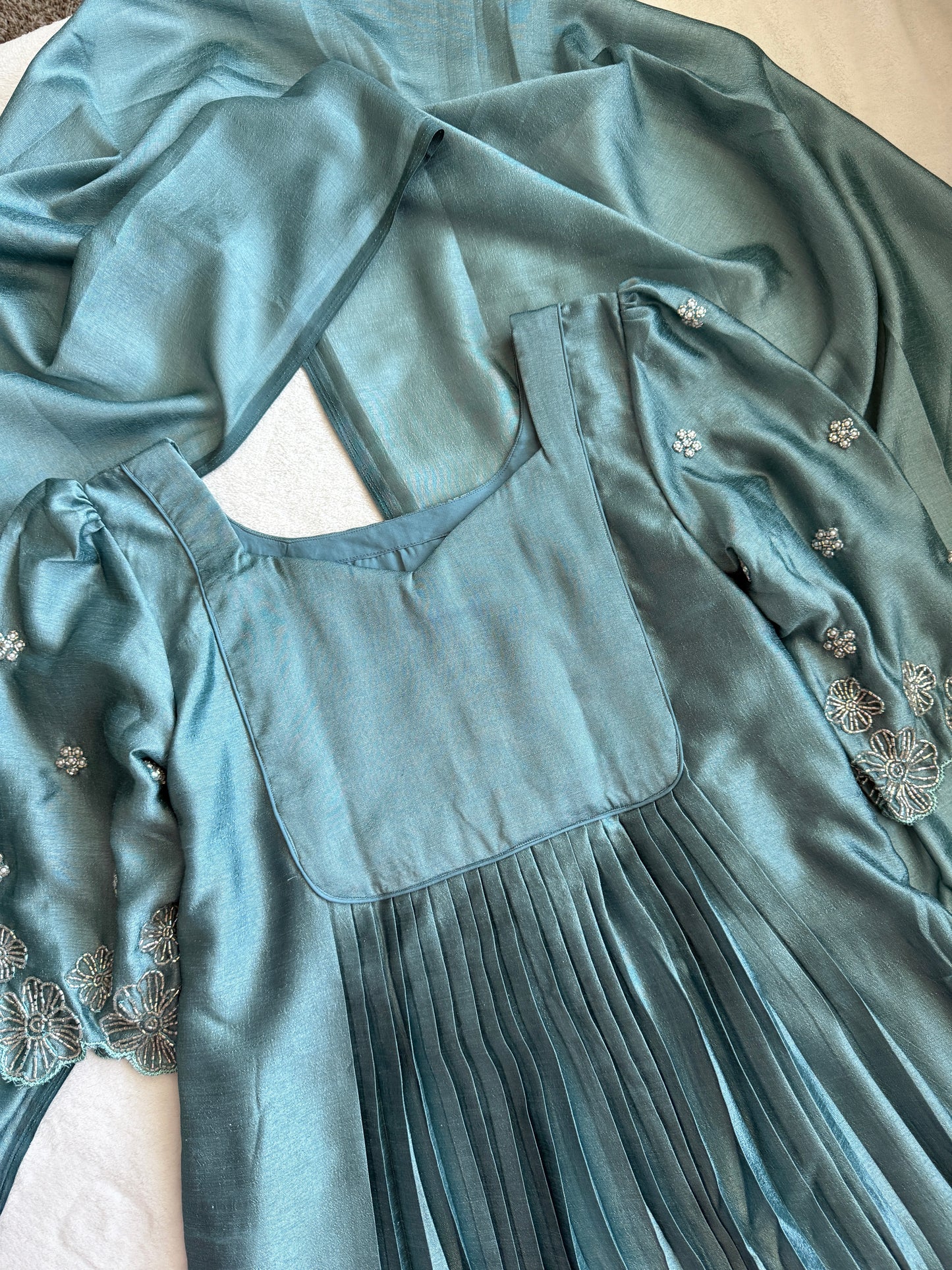 Green shade blooming silk handwork pleated anarkali set