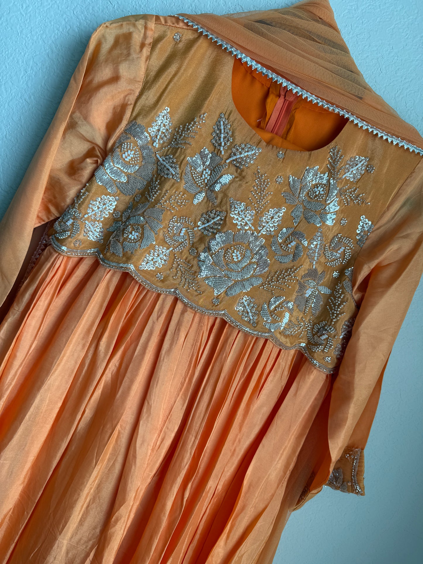 Orange shade uppada silk anarkali set with beautiful yolk detailing