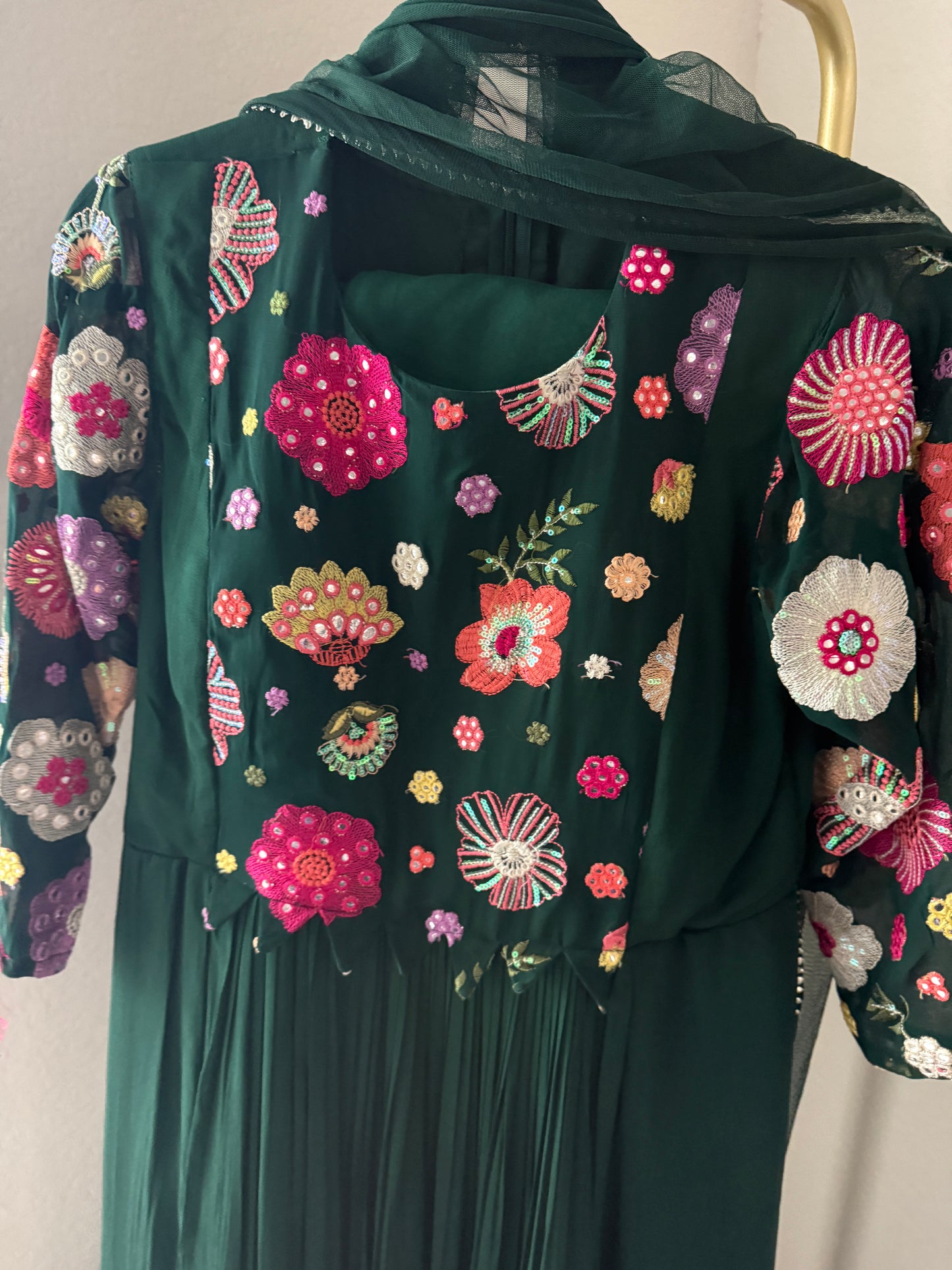 Bottle green georgette anarkali set with beautiful yolk detailing - comes with legging and net dupatta