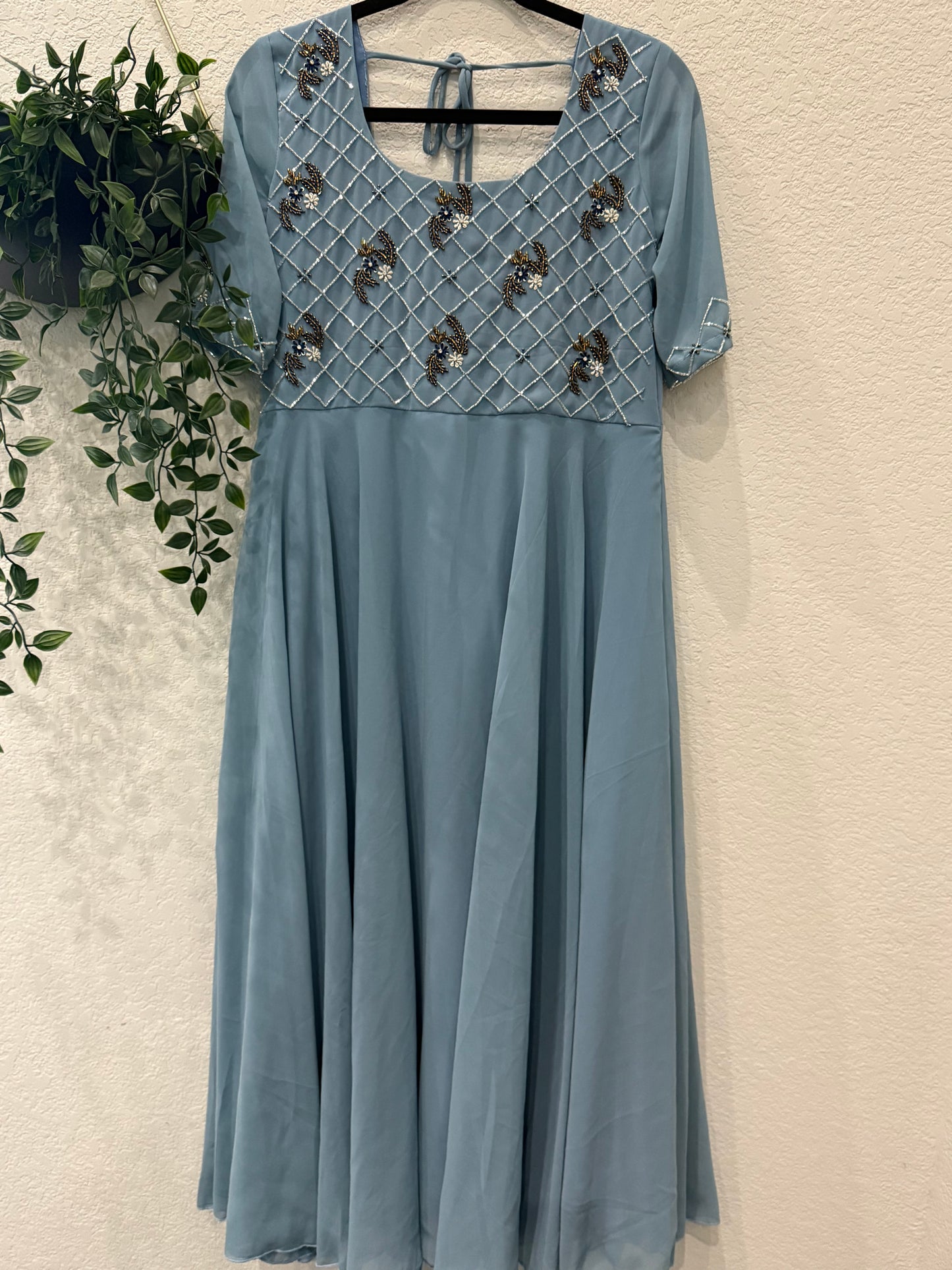Powder blue grayish heavy maggam work georgette anarkali tunic