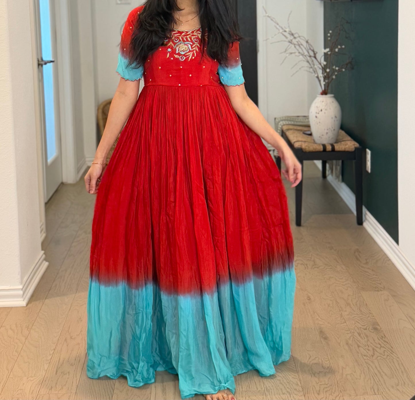 Red with teal dual shade chinnon long designer anarkali dress with maggam work detailing on the yolk