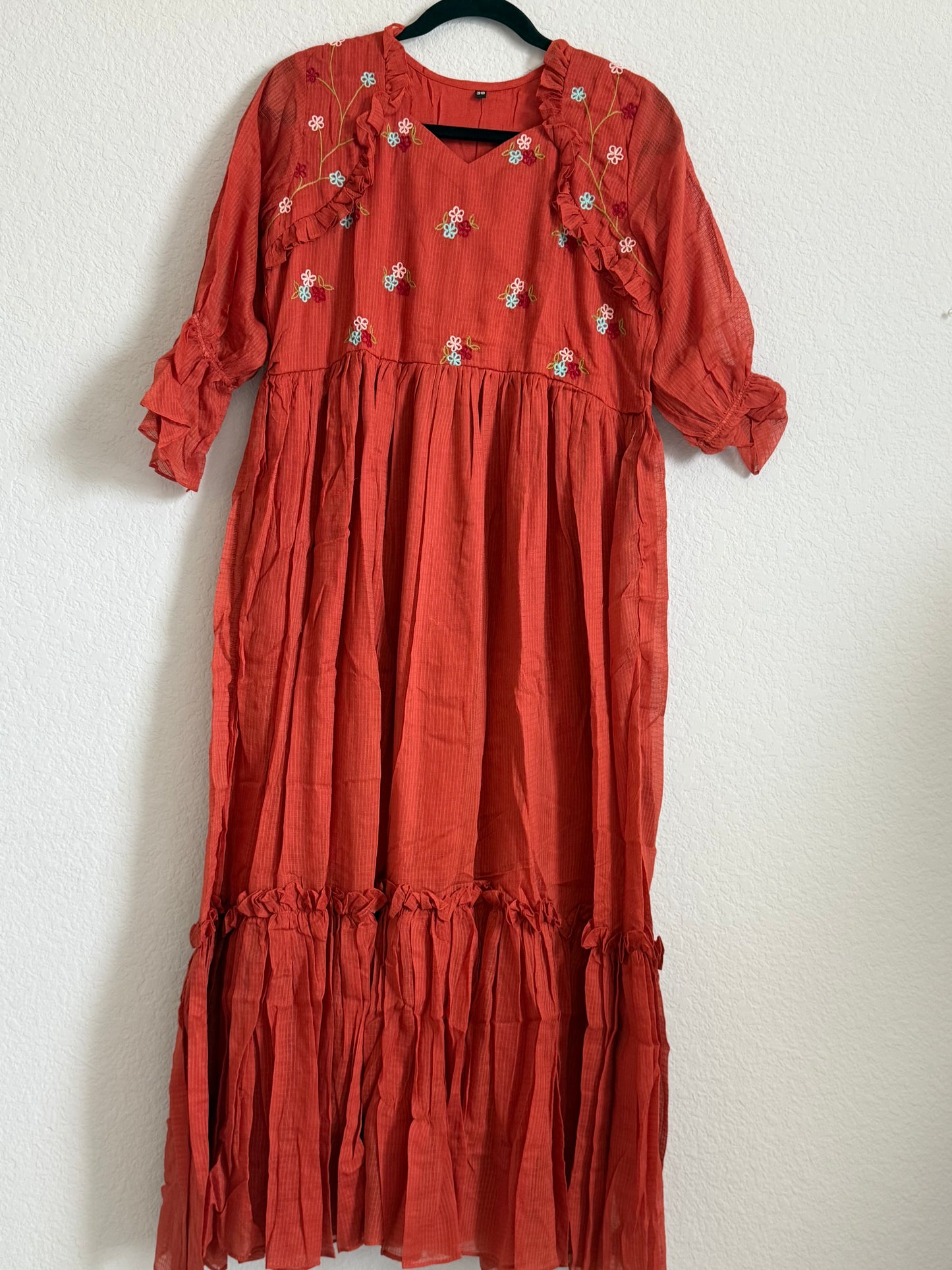 Rust Orange Floral Kota Frock
