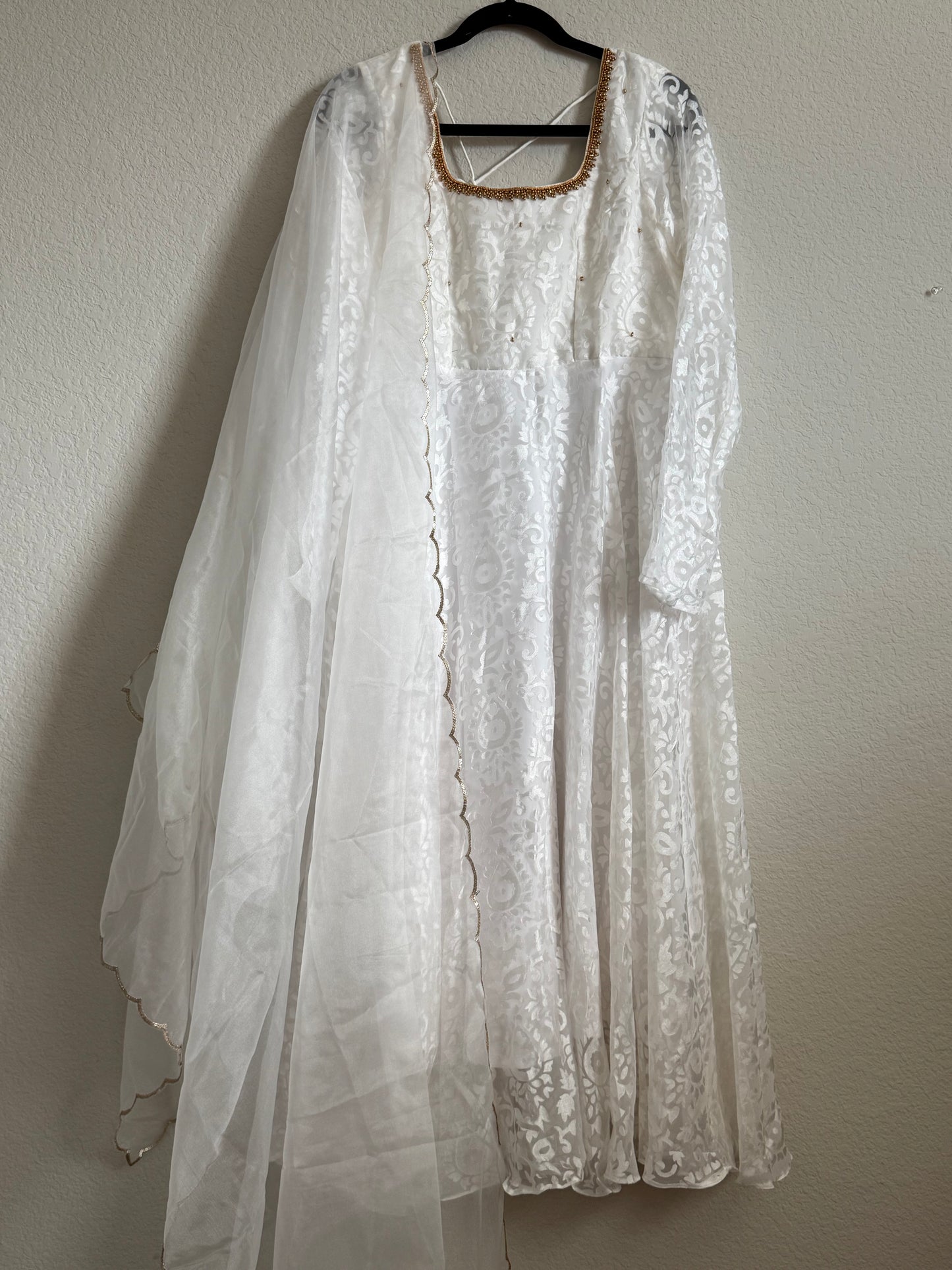White Brasso Heavy Flared Full Sleevel Anarkali Set - Top with Dupatta