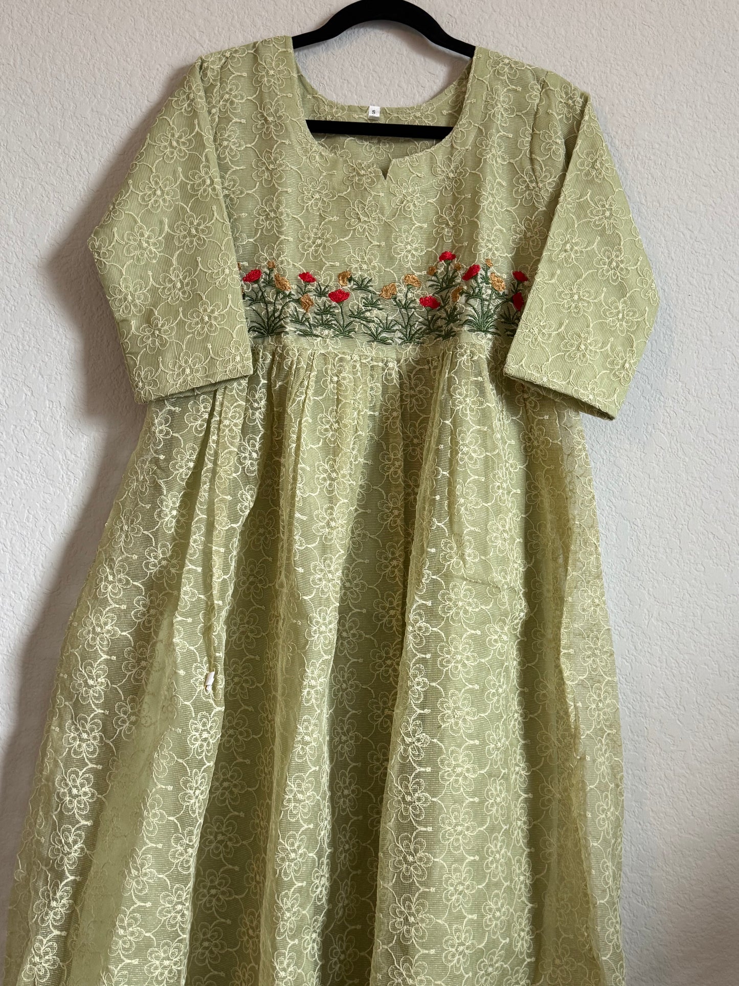 Pista Green Net Kota Embroidered Frock