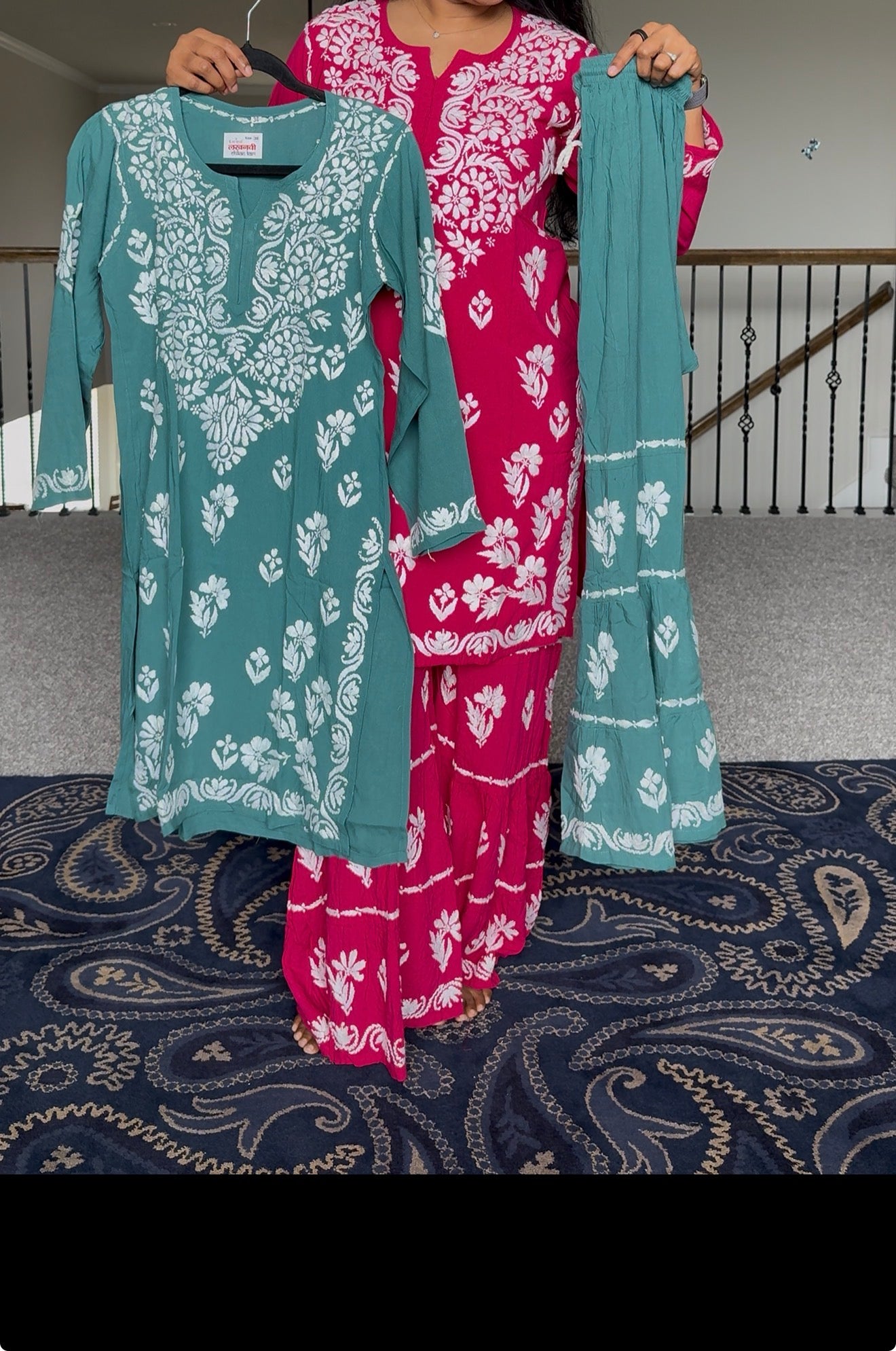 Green Rayon Chikankari Gharara Set - Top with Gharara Pant