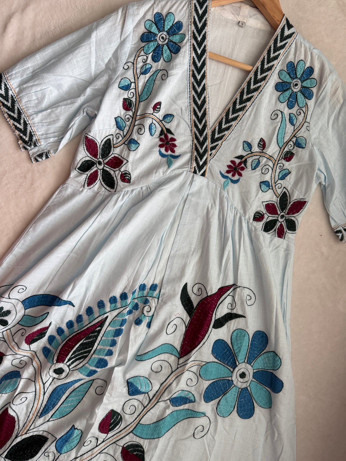 Light Blue Floral Embroidered Tunic Dress – Cotton Midi Dress