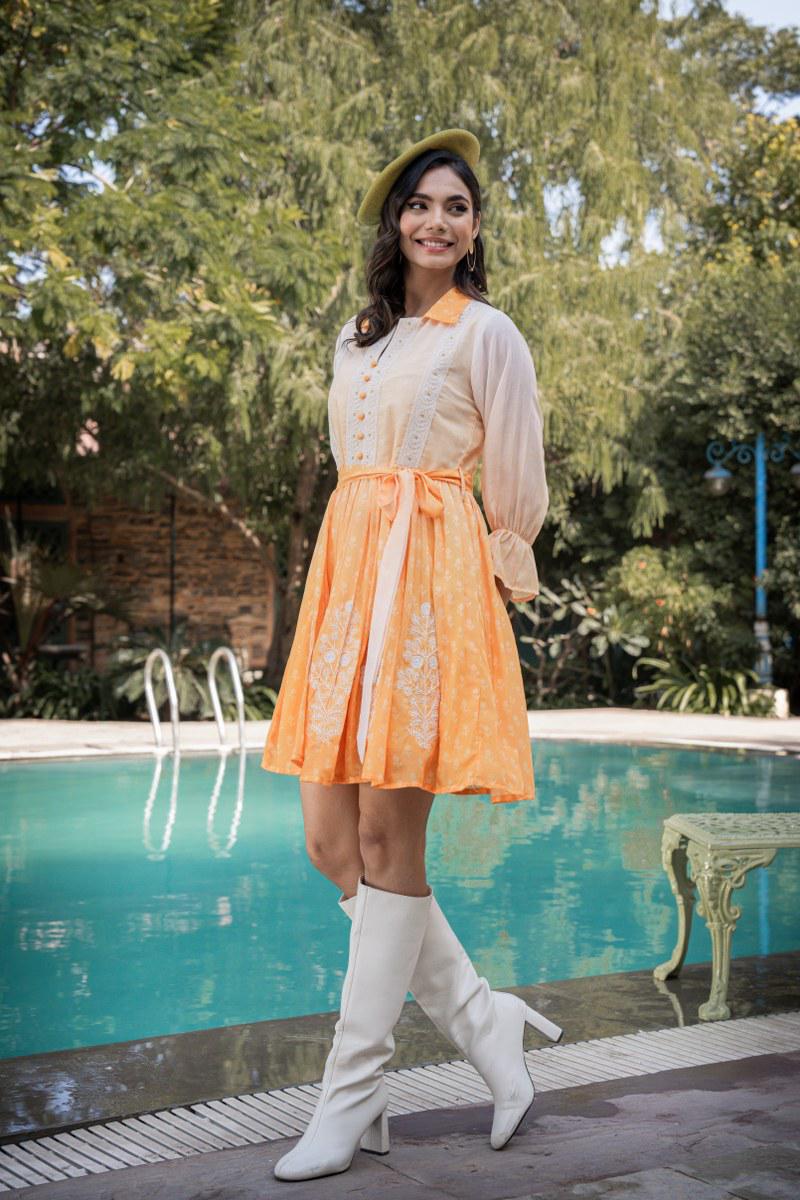 Orange ombre cotton embroidery short dress 42