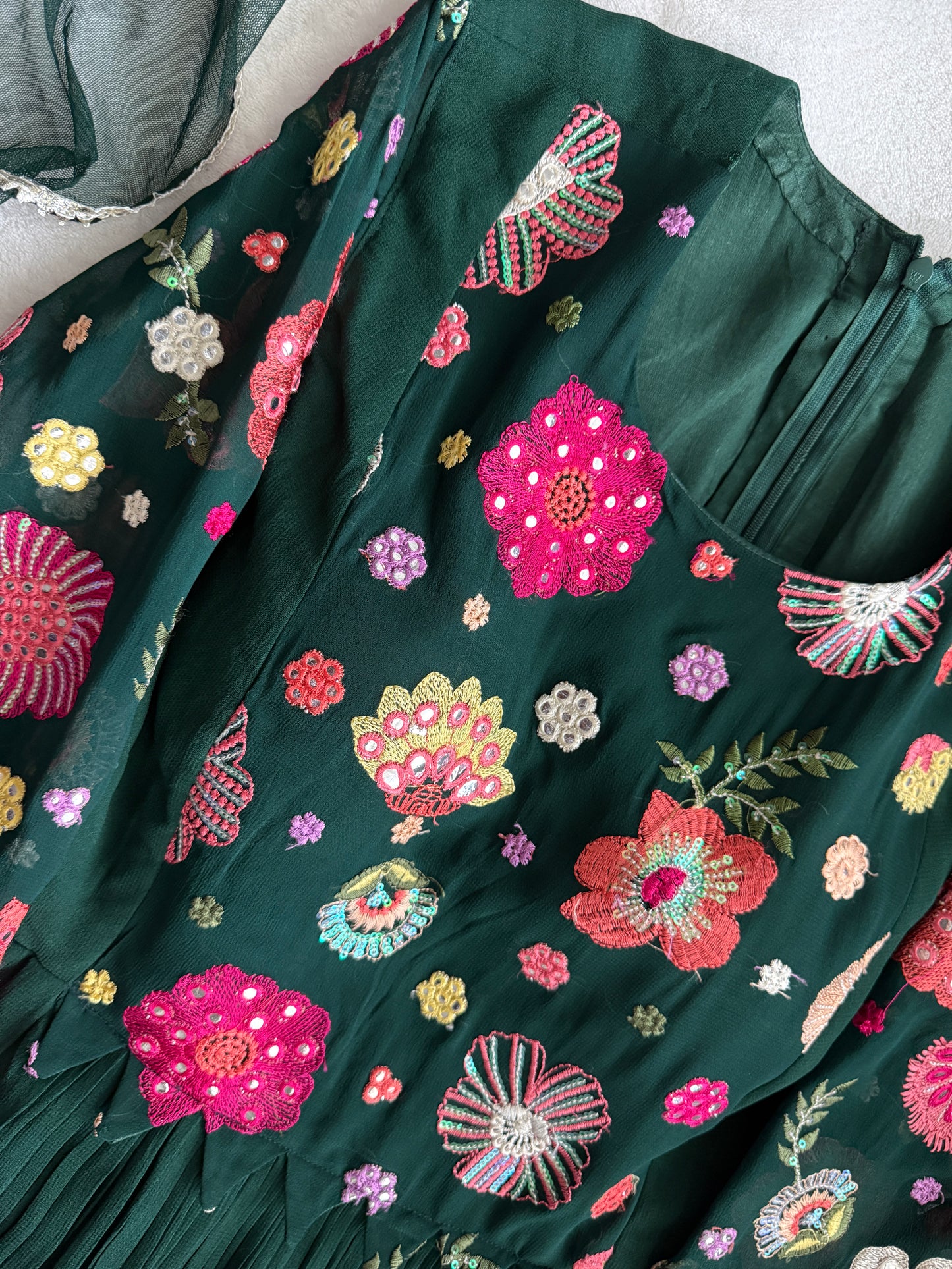 Bottle green georgette anarkali set with beautiful yolk detailing - comes with legging and net dupatta