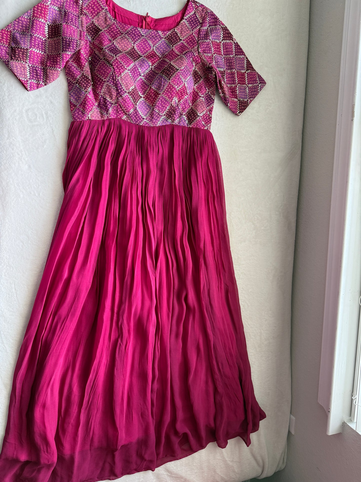 Pink georgette long anarkali dress - designer yolk sequin detailing