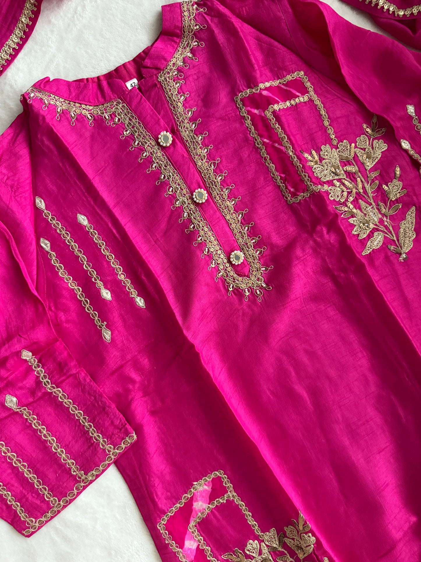 Pink Dola Silk Heavy Work Straight Cut Kurti Set with Leheriya Dupatta