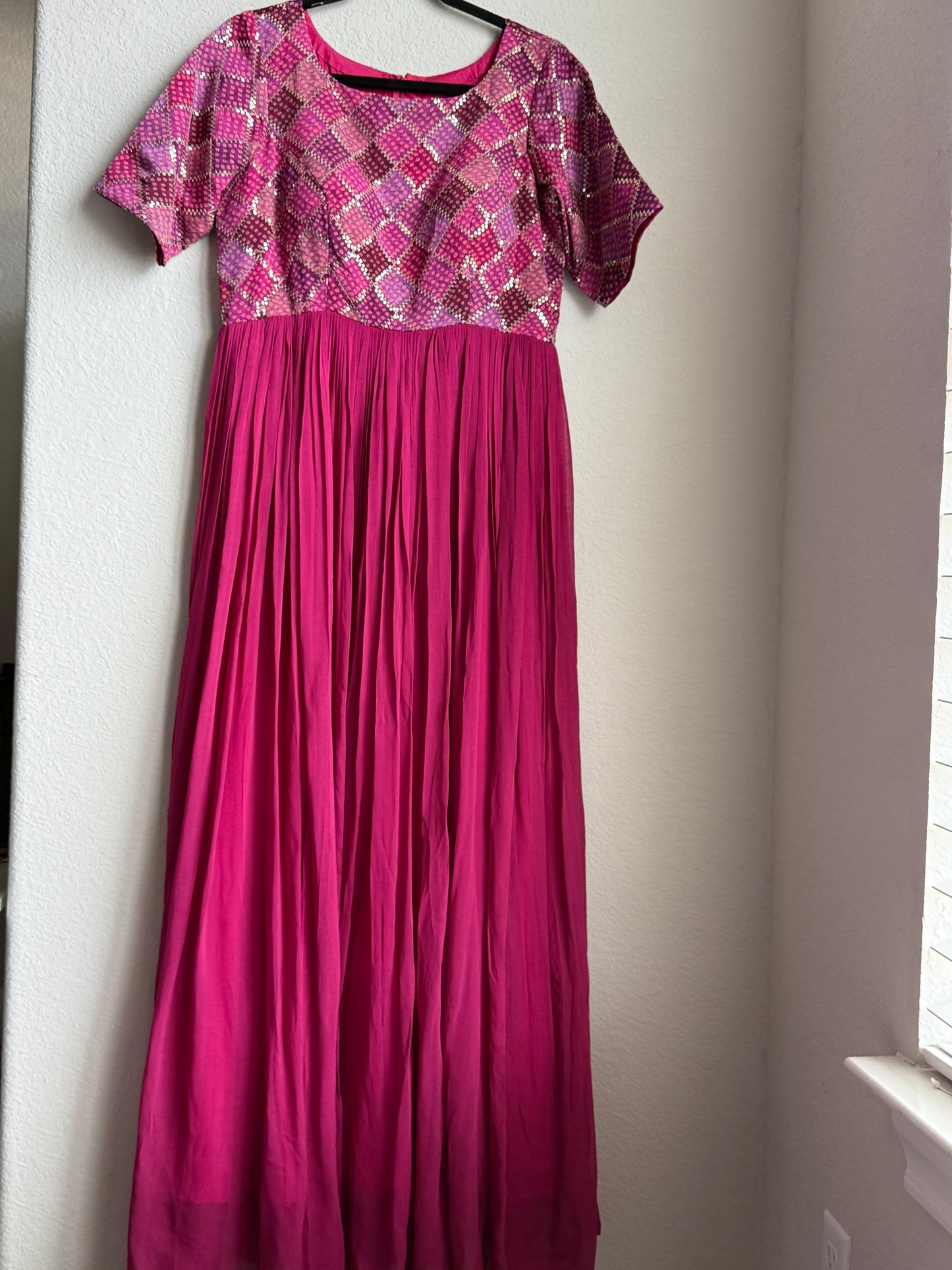 Pink georgette long anarkali dress - designer yolk sequin detailing