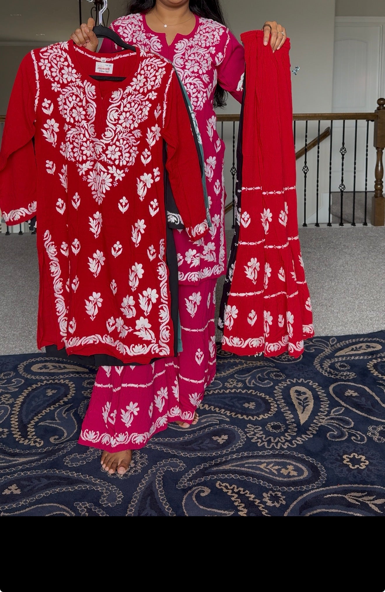 Red Rayon Chikankari Gharara Set - Top with Gharara Pant