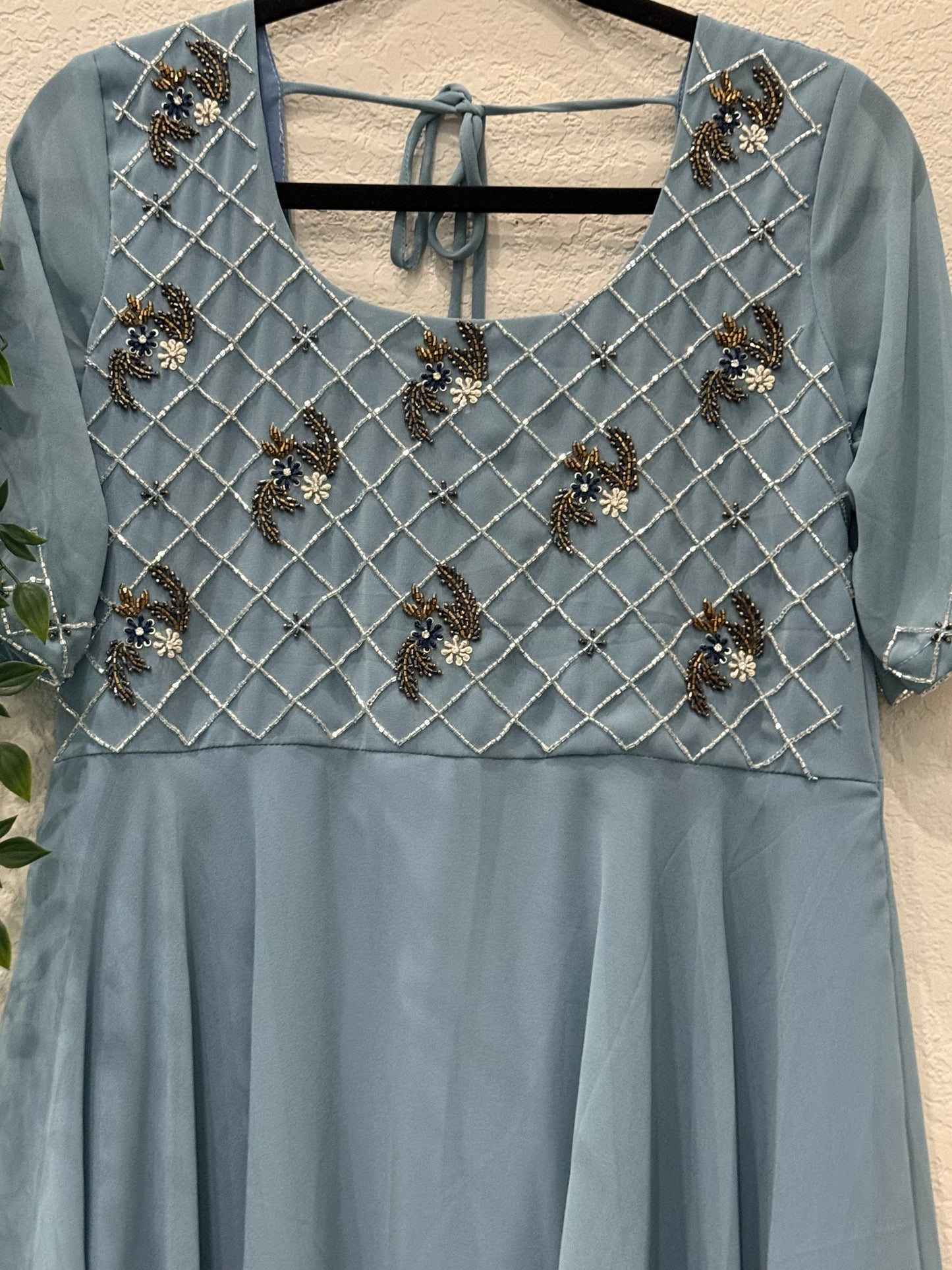 Powder blue grayish heavy maggam work georgette anarkali tunic