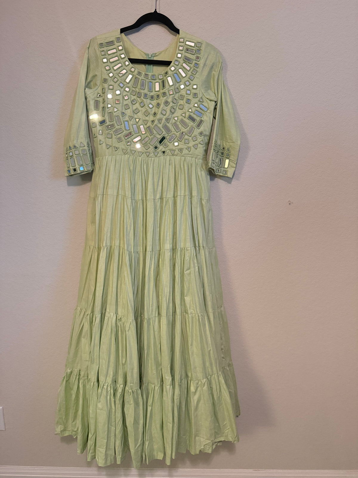 Pista Green Mirror Work Heavy Flared Anarkali Long Dress