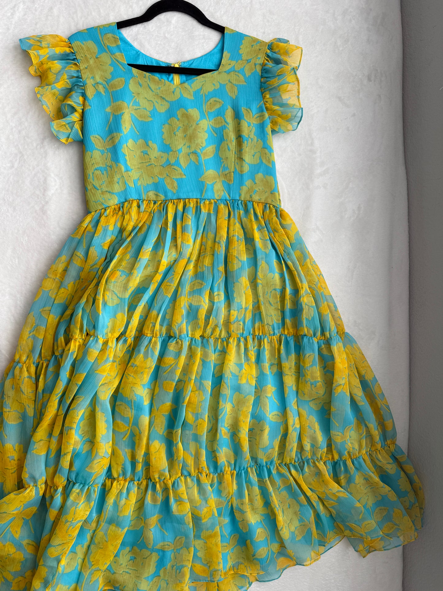 Teal blue and yellow floral chiffon midi dress