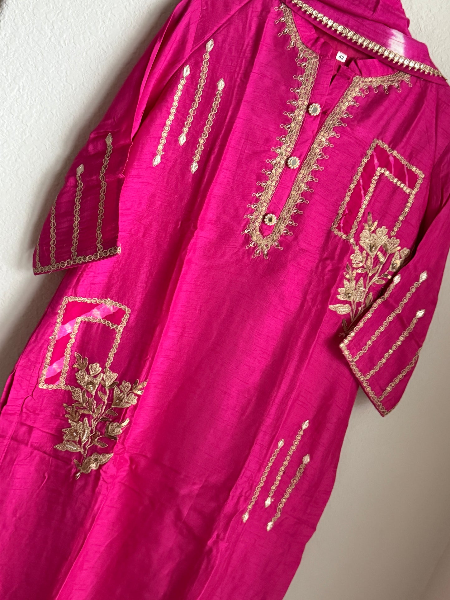 Pink Dola Silk Heavy Work Straight Cut Kurti Set with Leheriya Dupatta
