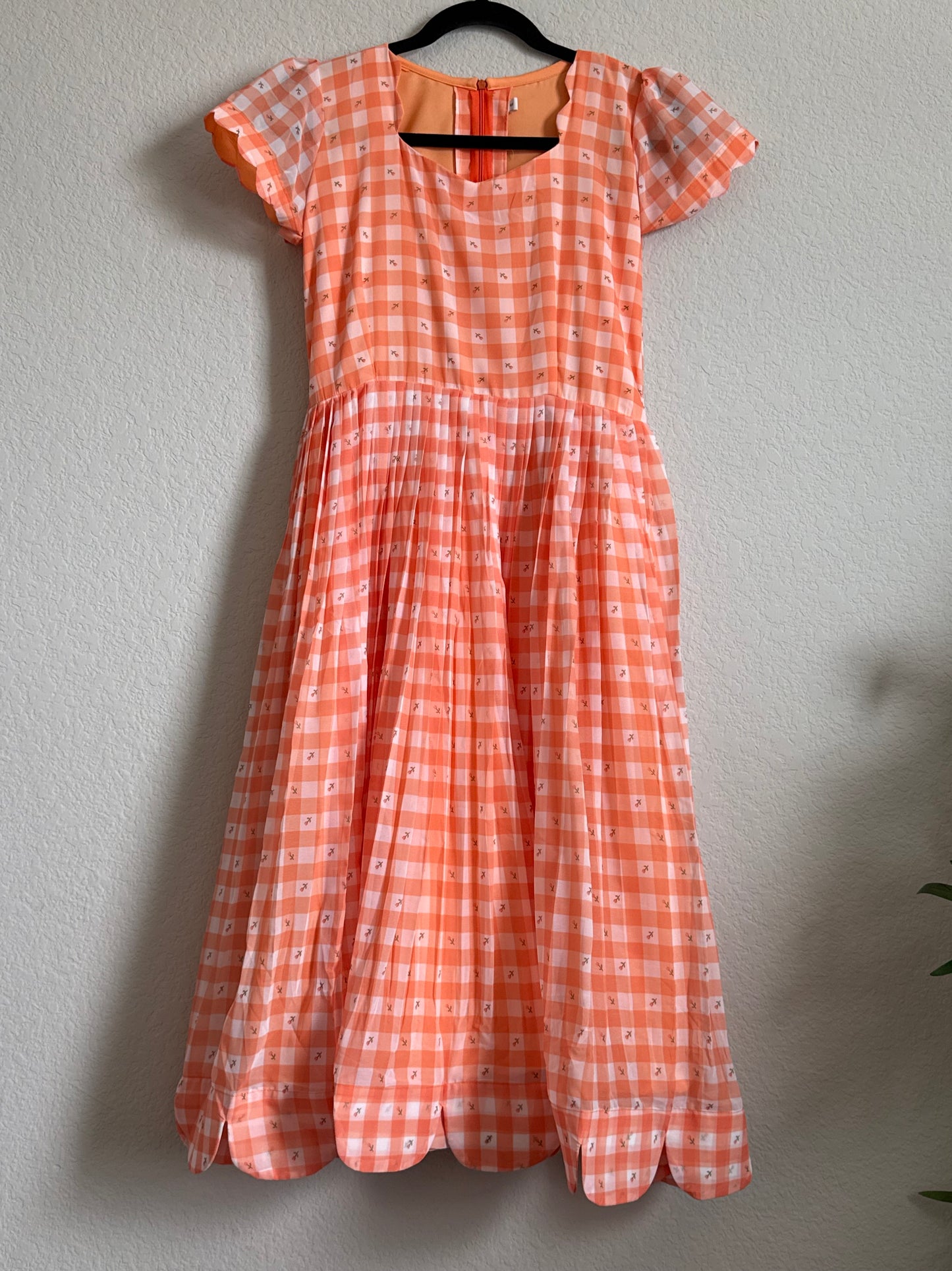 Orange Floral Checks Georgette scallop style frock with short scallop sleeve