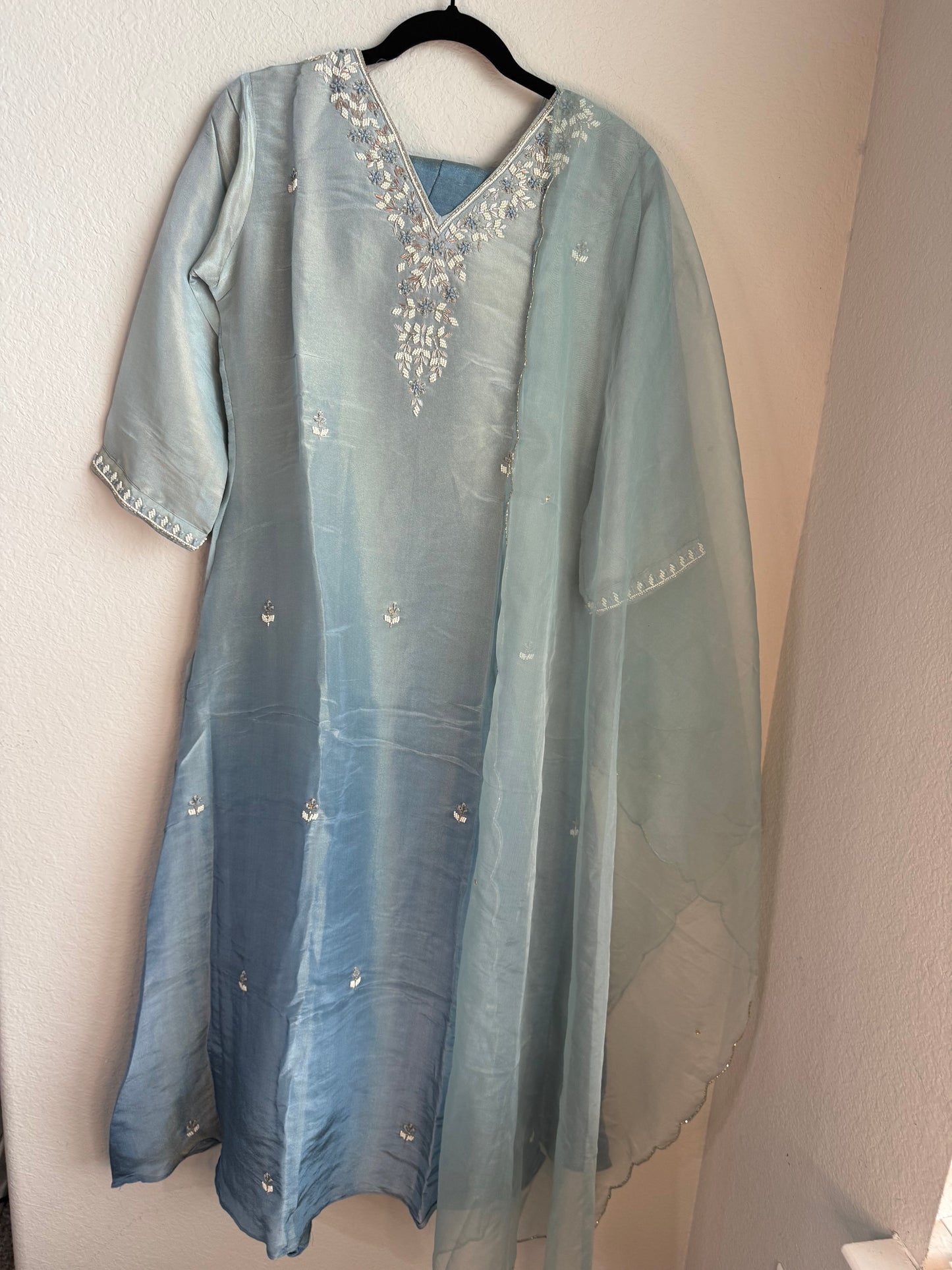 Sea blue pure tissue handwork butties A-line suit set