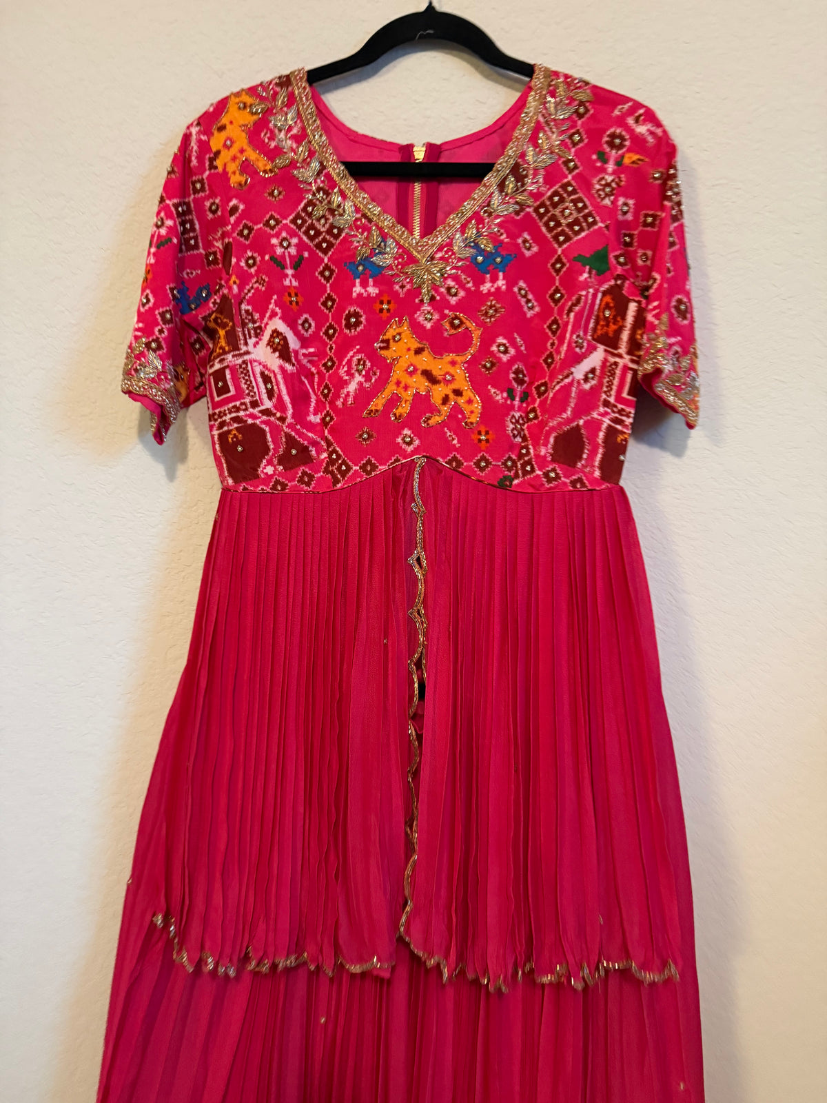 Pink Pure Patola Peplum Top with Skirt Set