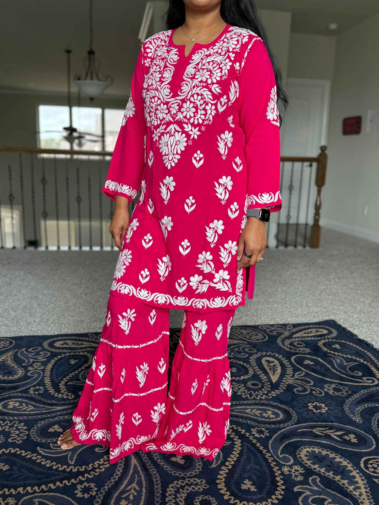 Pink Rayon Chikankari Gharara Set - Top with Gharara Pant