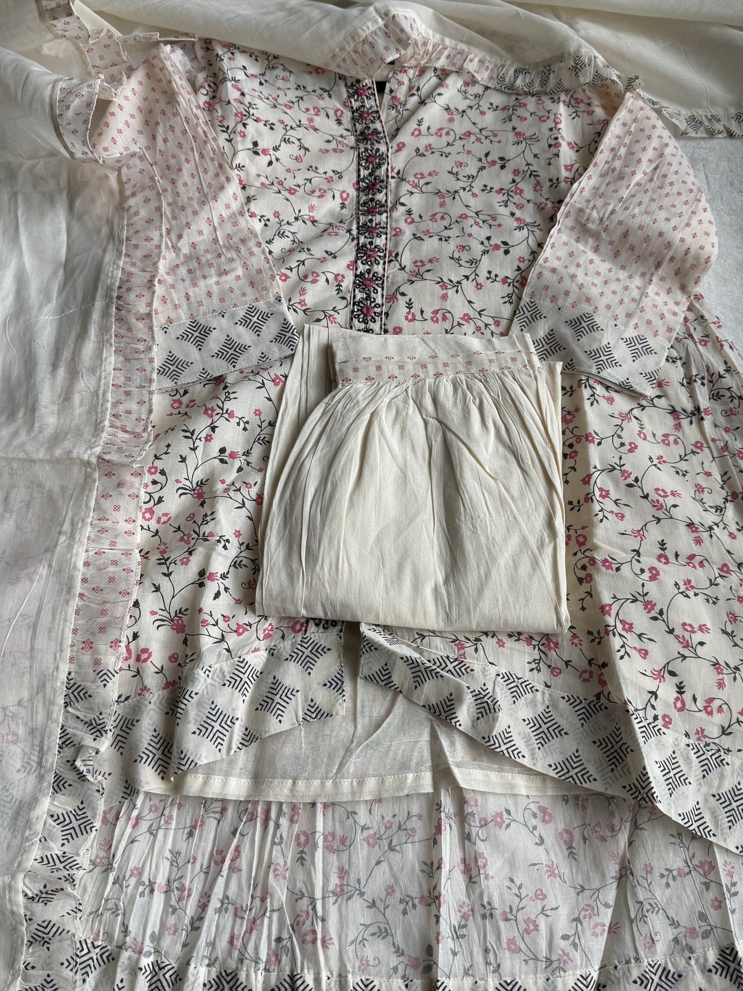 Cotton high low half white with pink kurti set