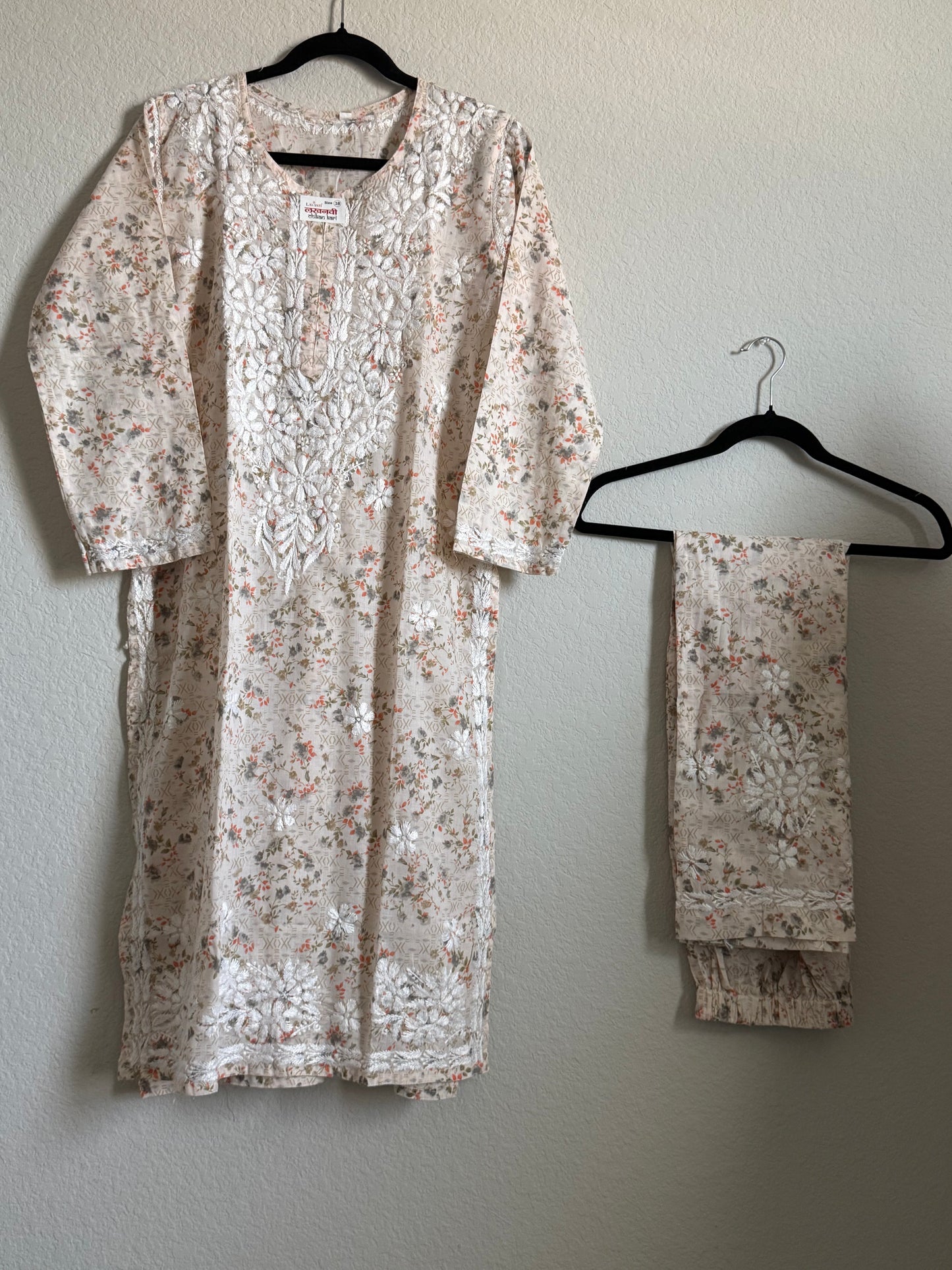 Orange Floral Printed Cotton Chikankari Coord Set - Top with Palazzo