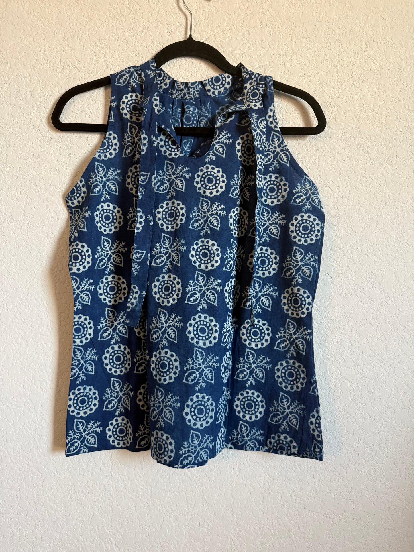 Indigo Blue Cotton Sleeveless Halter Neck Short Top