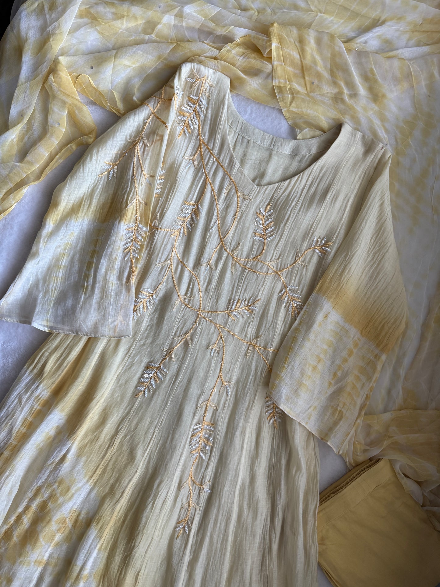 Pastel yellow handwork pure mul chanderi anarkali suit set
