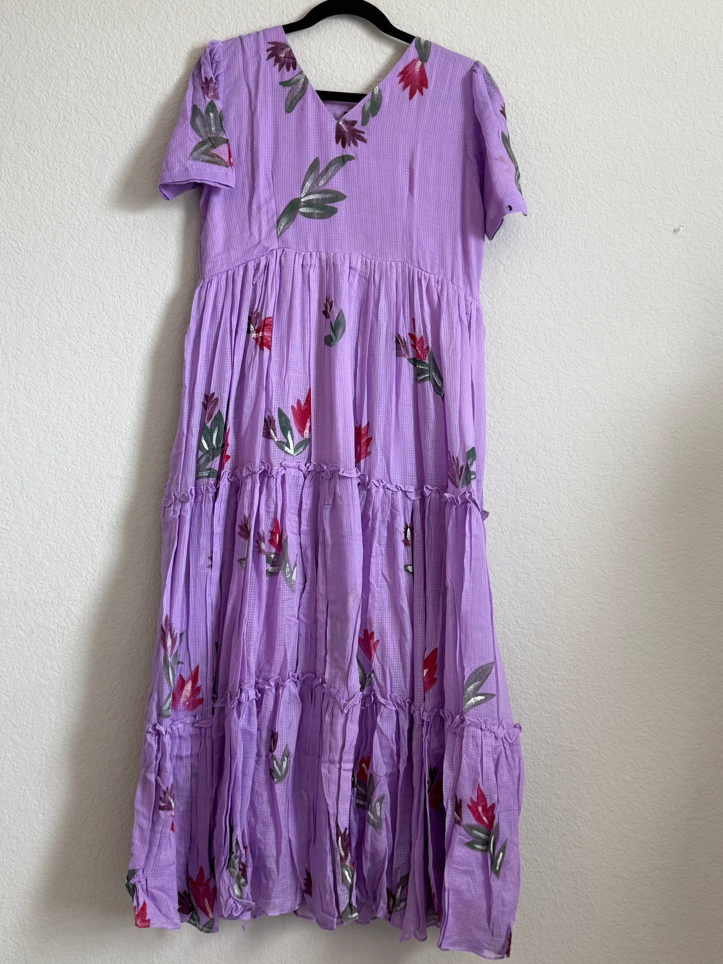Lavendar Handpainted Floral Kota Frock