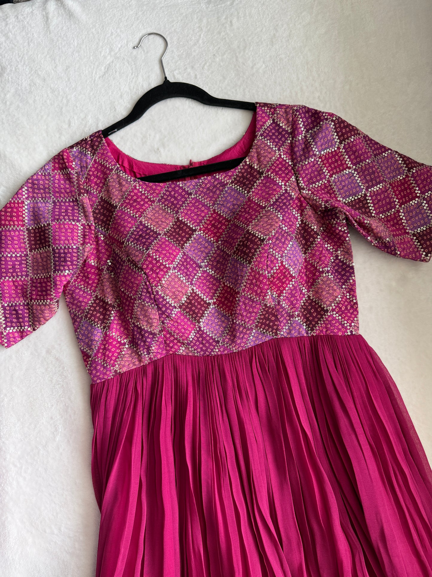 Pink georgette long anarkali dress - designer yolk sequin detailing