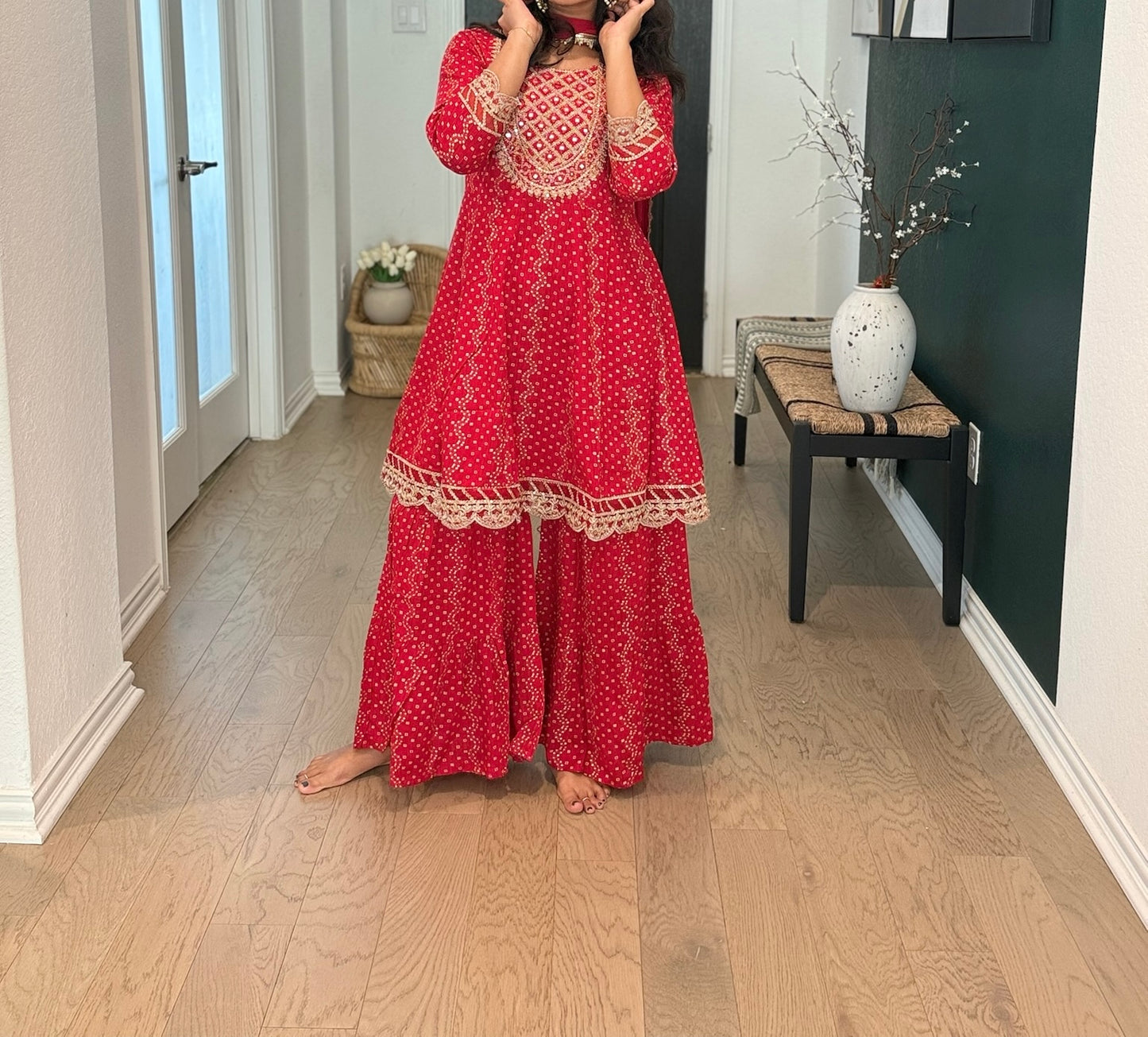 Red bandhini sharara set