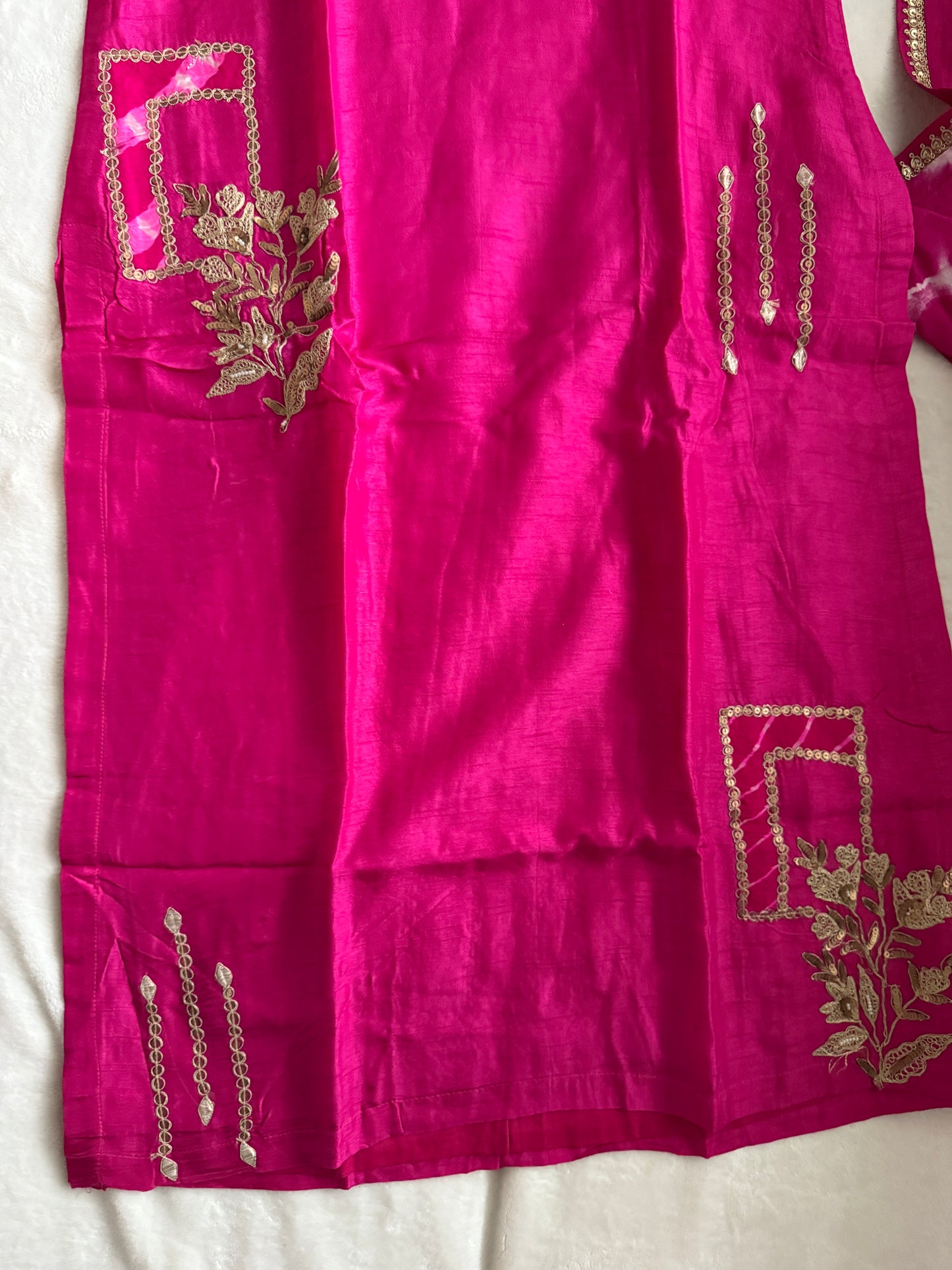 Pink Dola Silk Heavy Work Straight Cut Kurti Set with Leheriya Dupatta