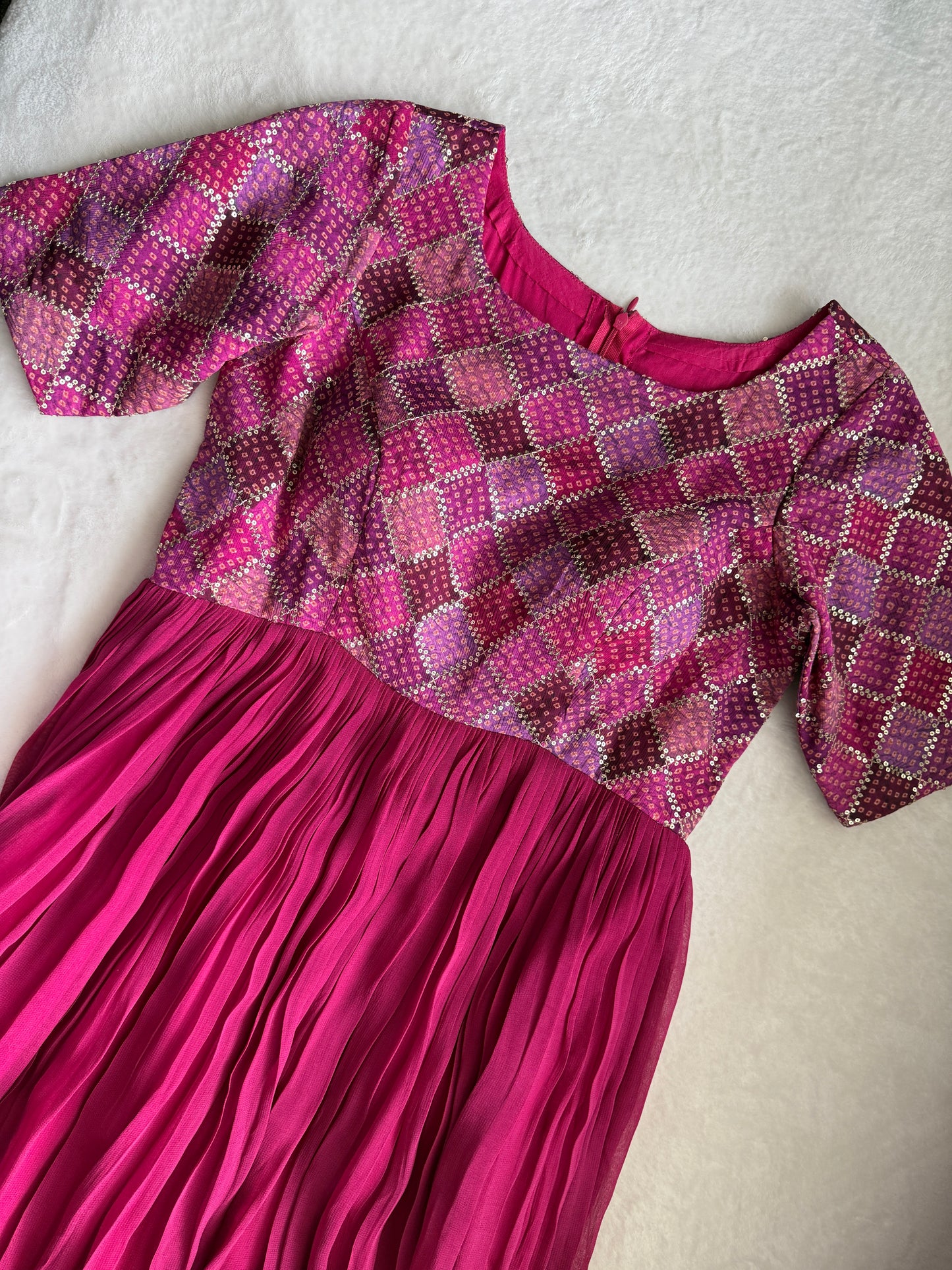 Pink georgette long anarkali dress - designer yolk sequin detailing
