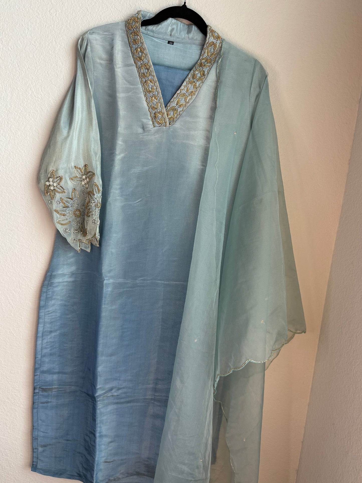 Sea blue pure tissue handwork A-line suit set with a beatiful sleeve detailing