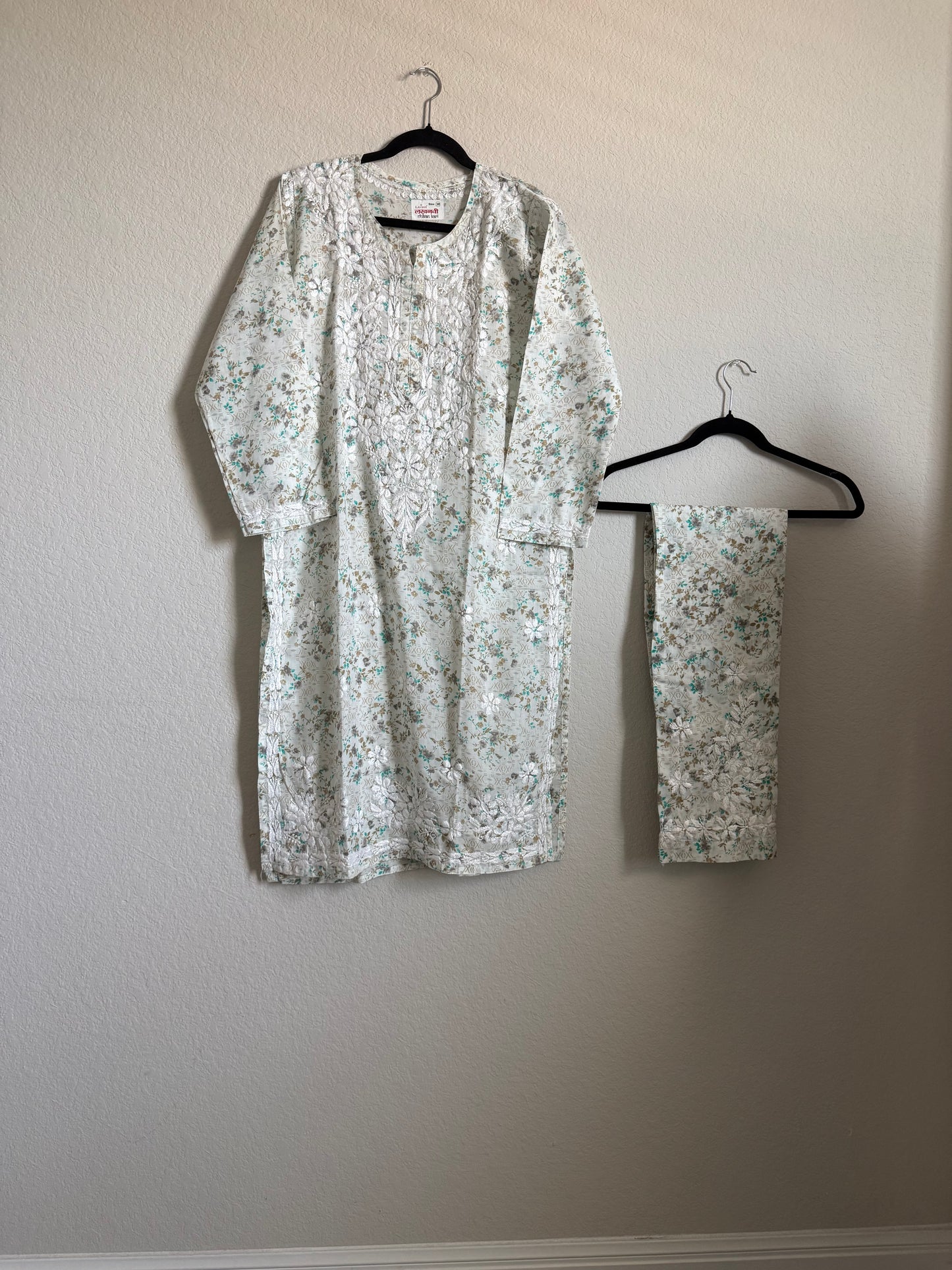 Green Floral Printed Cotton Chikankari Coord Set - Top with Palazzo