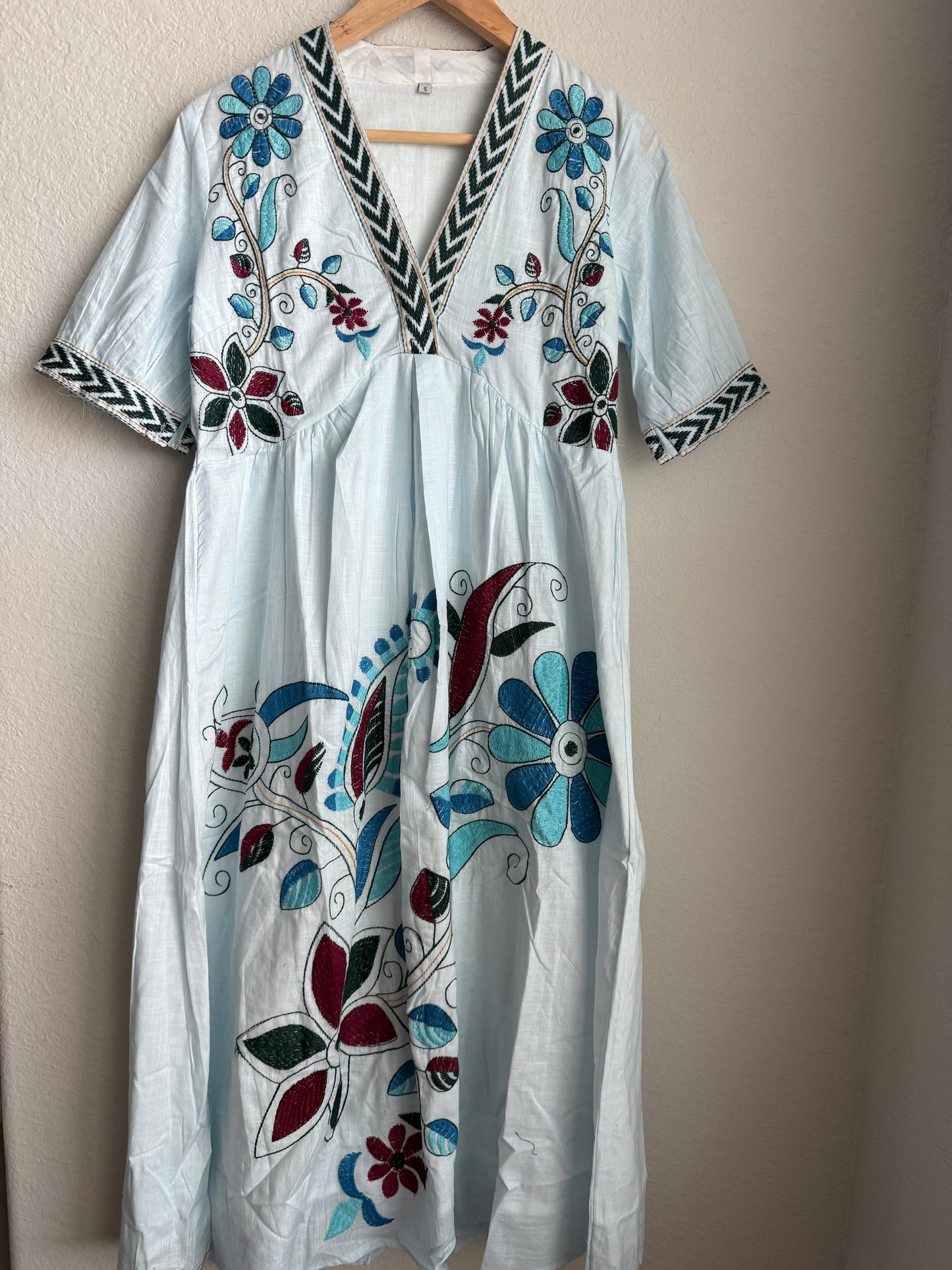 Light Blue Floral Embroidered Tunic Dress – Cotton Midi Dress