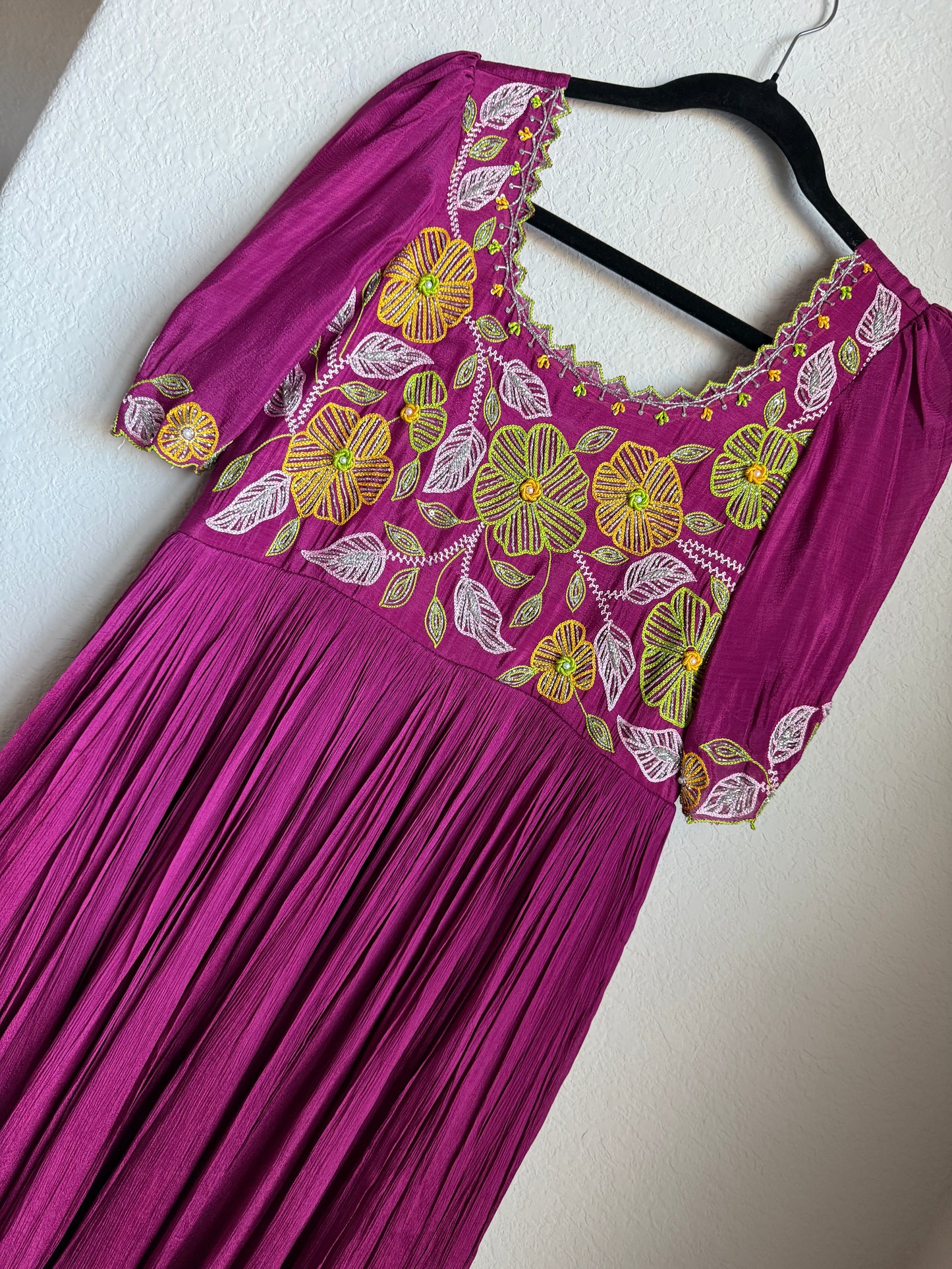 Magenta pink long anarkali designer dress with maggam work on the yolk