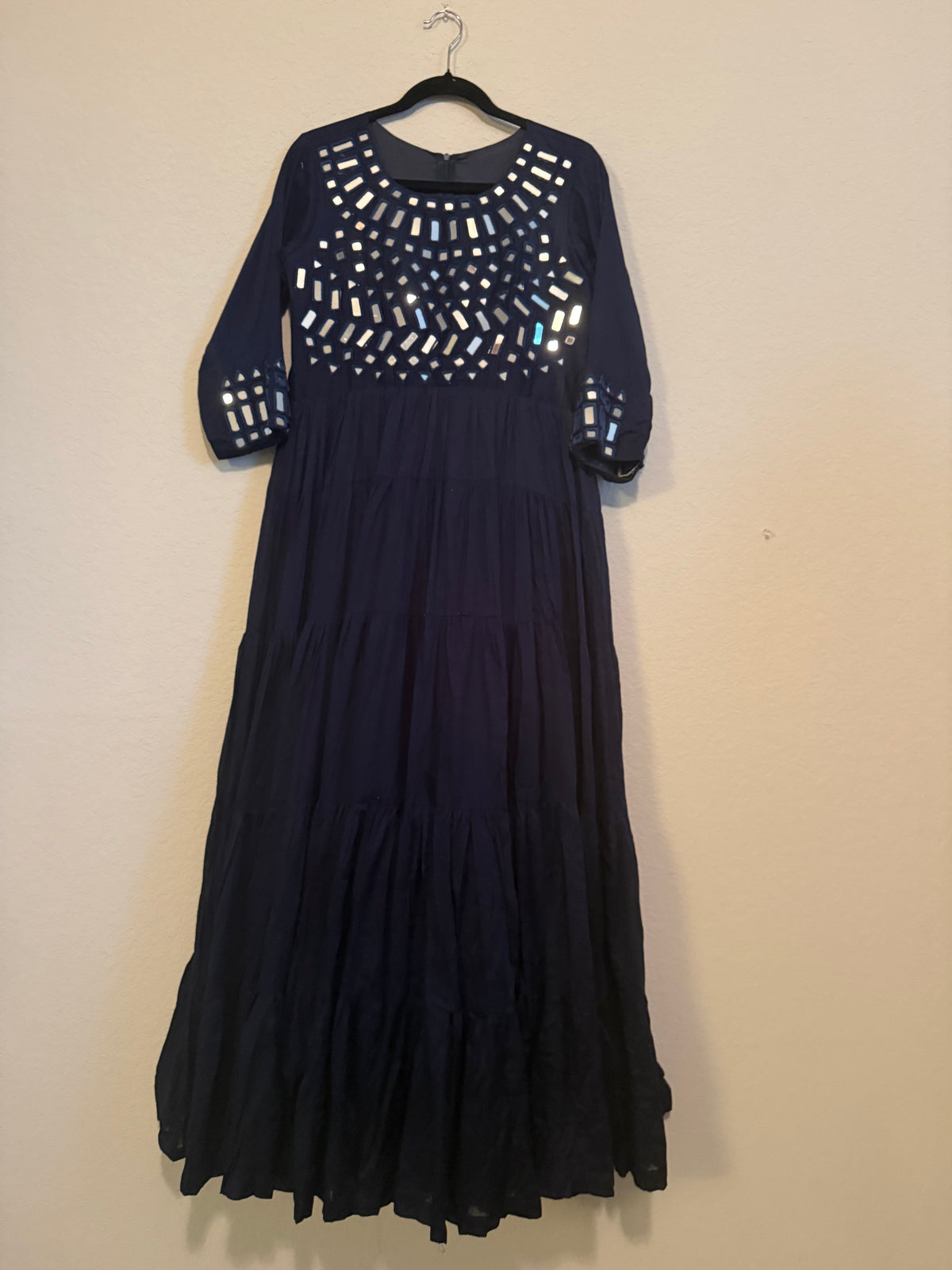 Navy Blue Mirror Work Heavy Flared Anarkali Long Dress
