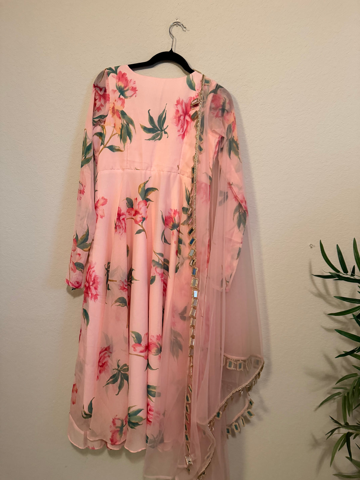 Peachish Pink Shade Soft Georgette Heavy Flared Floral Mirror Work Anarkali Set - Top and Dupatta