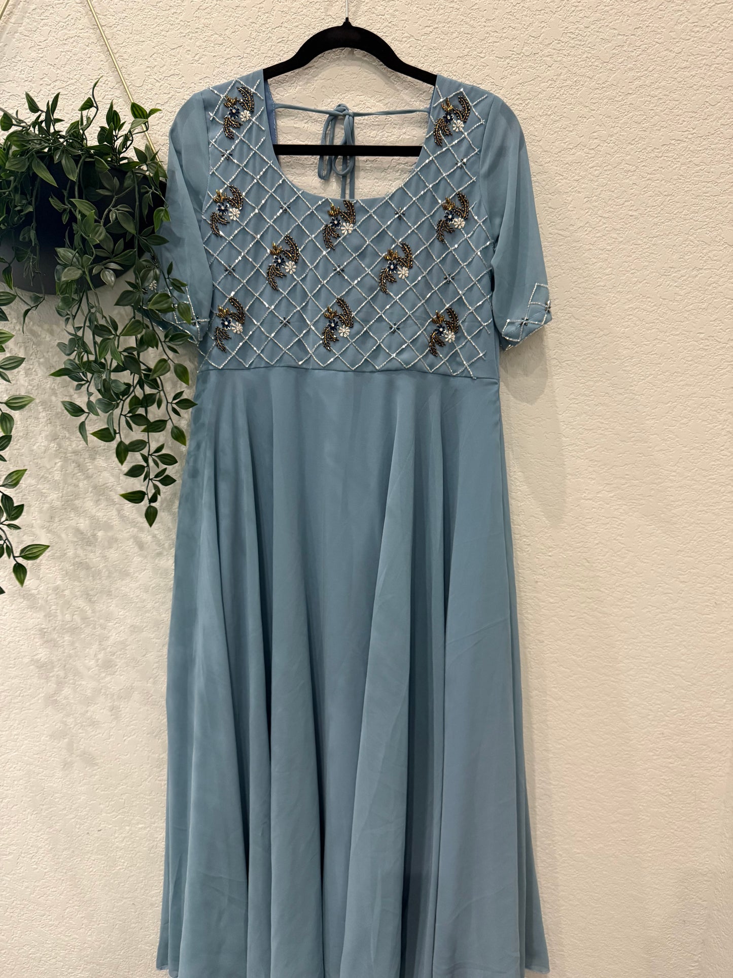 Powder blue grayish heavy maggam work georgette anarkali tunic