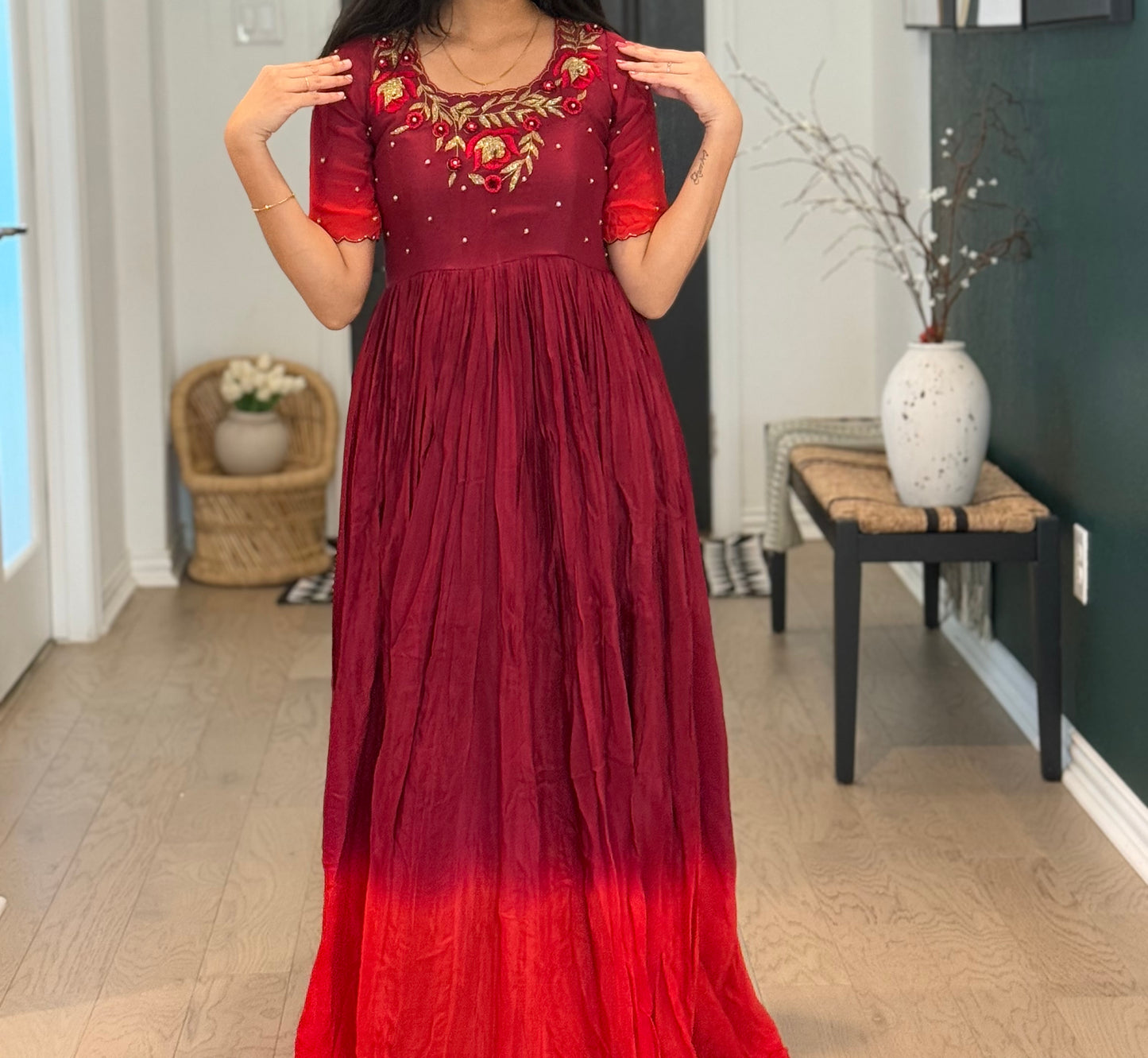 Maroon with red dual shade chinnon long anarkali dress with maggam work detailing on the yolk