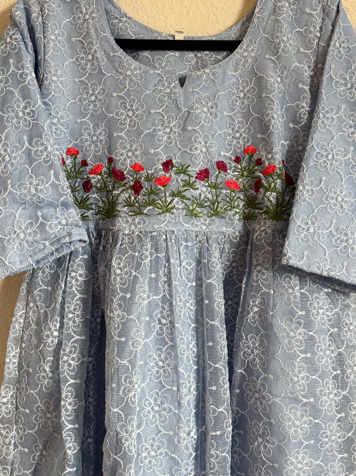 Powder Blue Net Kota Embroidered Frock