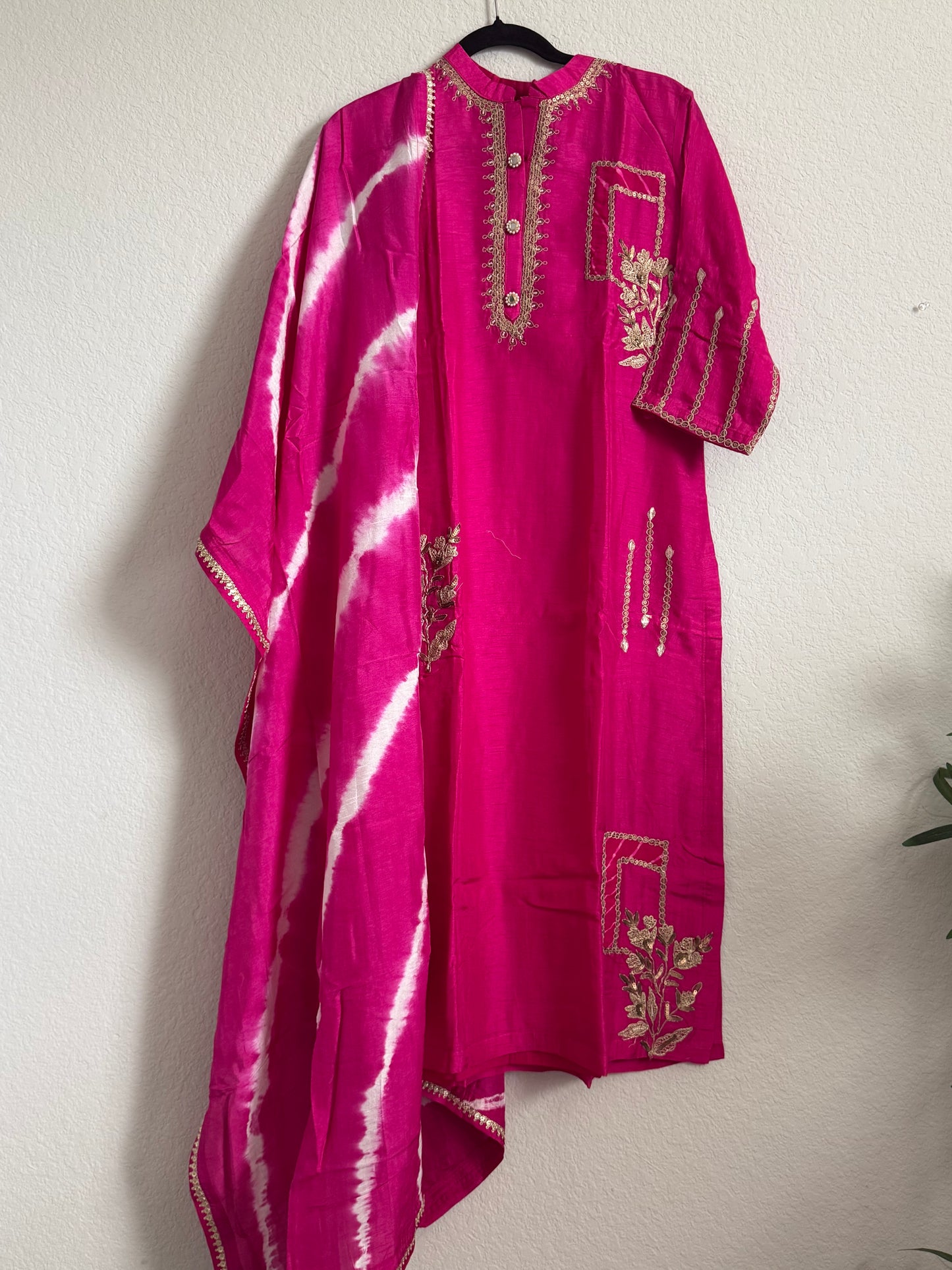 Pink Dola Silk Heavy Work Straight Cut Kurti Set with Leheriya Dupatta