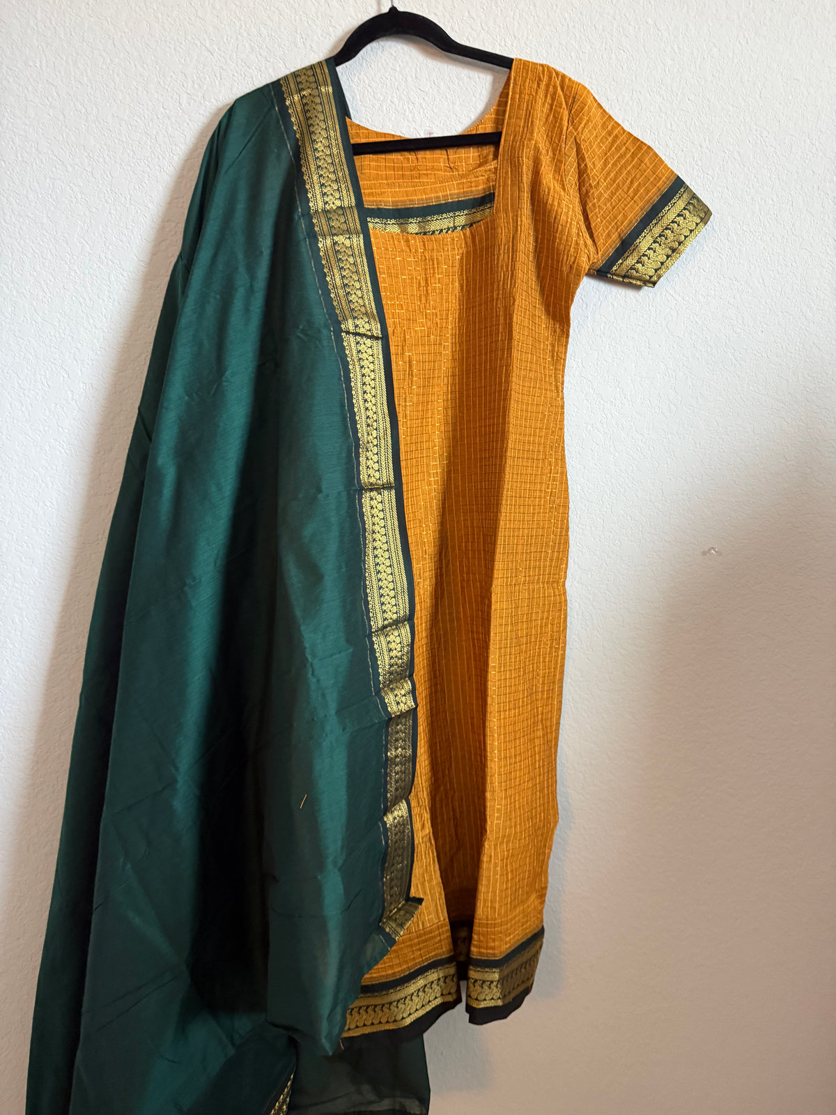 Yellow with Green Handloom Checks Top and Dupatta Set